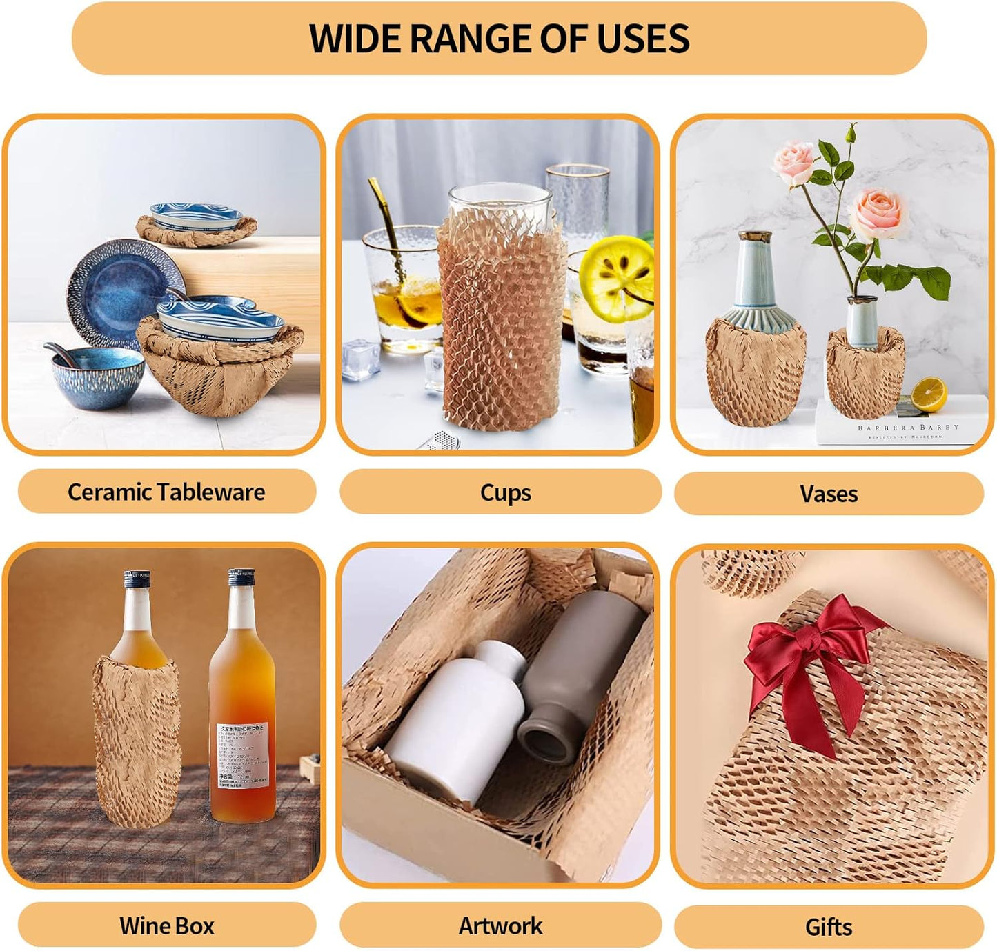 Honeycomb Packing Paper, 15"x230' Honeycomb Cushioning Bubble Wrap Paper Roll for Moving Shipping Breakables Packaging Gifts with 20 Fragile Sticker Biodegradable & Fully Recyclable Brown Kraft