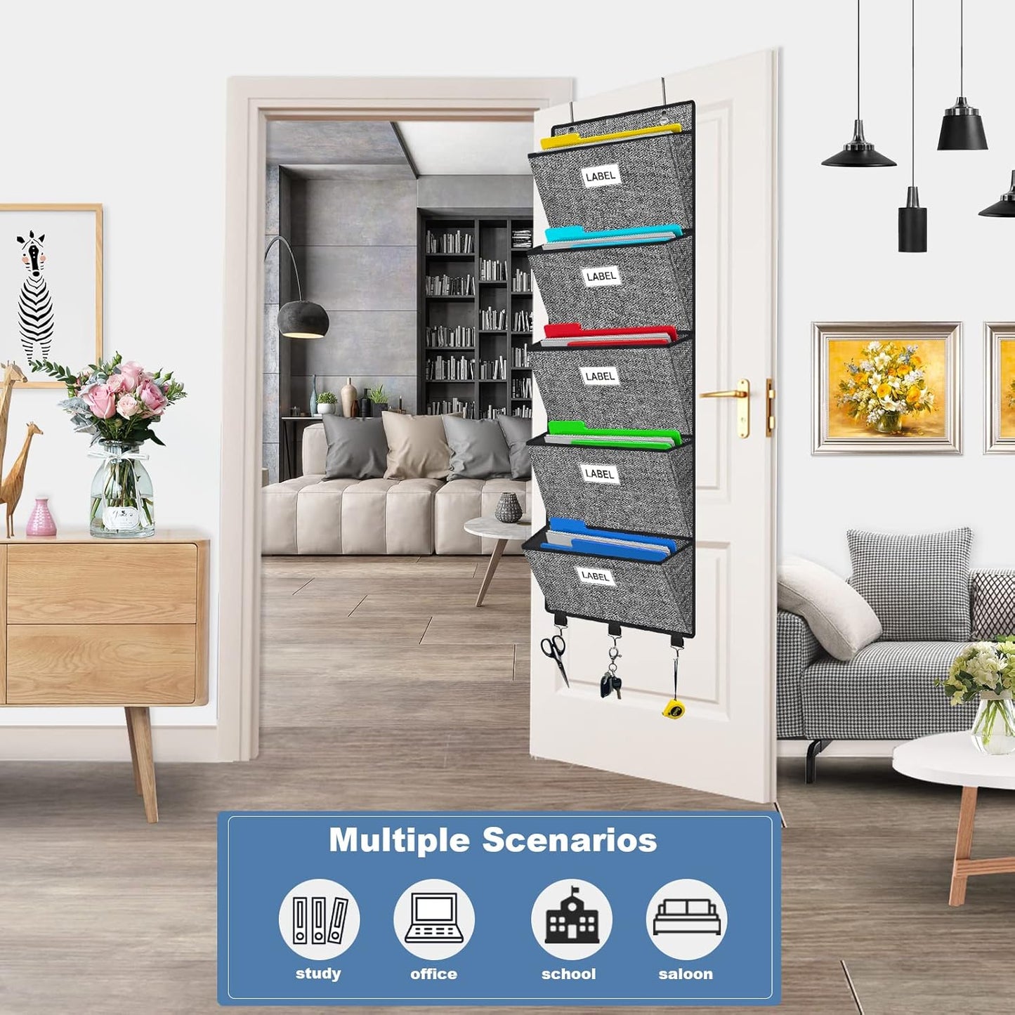 Homyfort Over the Door File Organizer, Hanging Wall File Folders with 5 Large Pockets for Papers, Charts, Mails, Magazine, Office and Back To Supplies Storage and Organization (Black)