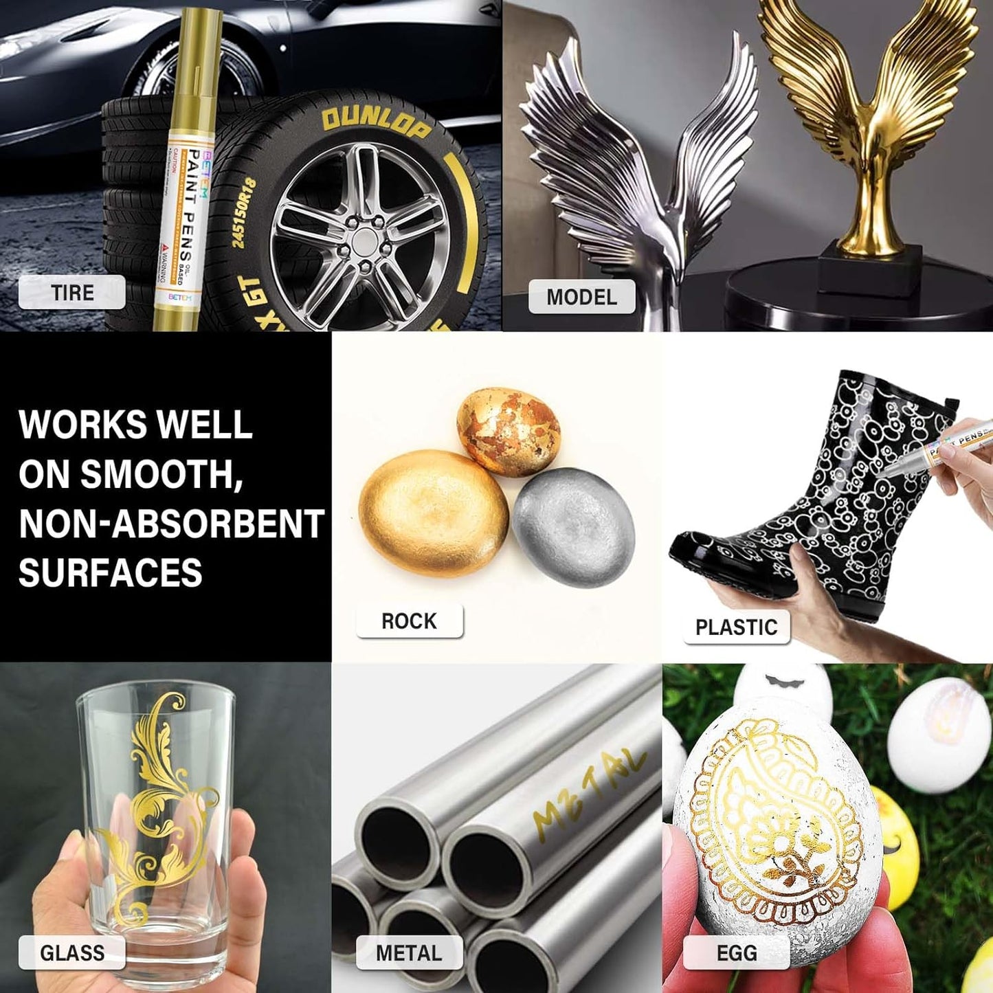 Betem Oil Based Paint Markers, Dual Tip Paint Pens(0.7mm & 3mm), Gold Silver Permanent Paint Marker Pen, Waterproof, Quick Dry, for Fabric, Rock Painting, Wood, Plastic, Metal, Canvas (2Gold2Silver)