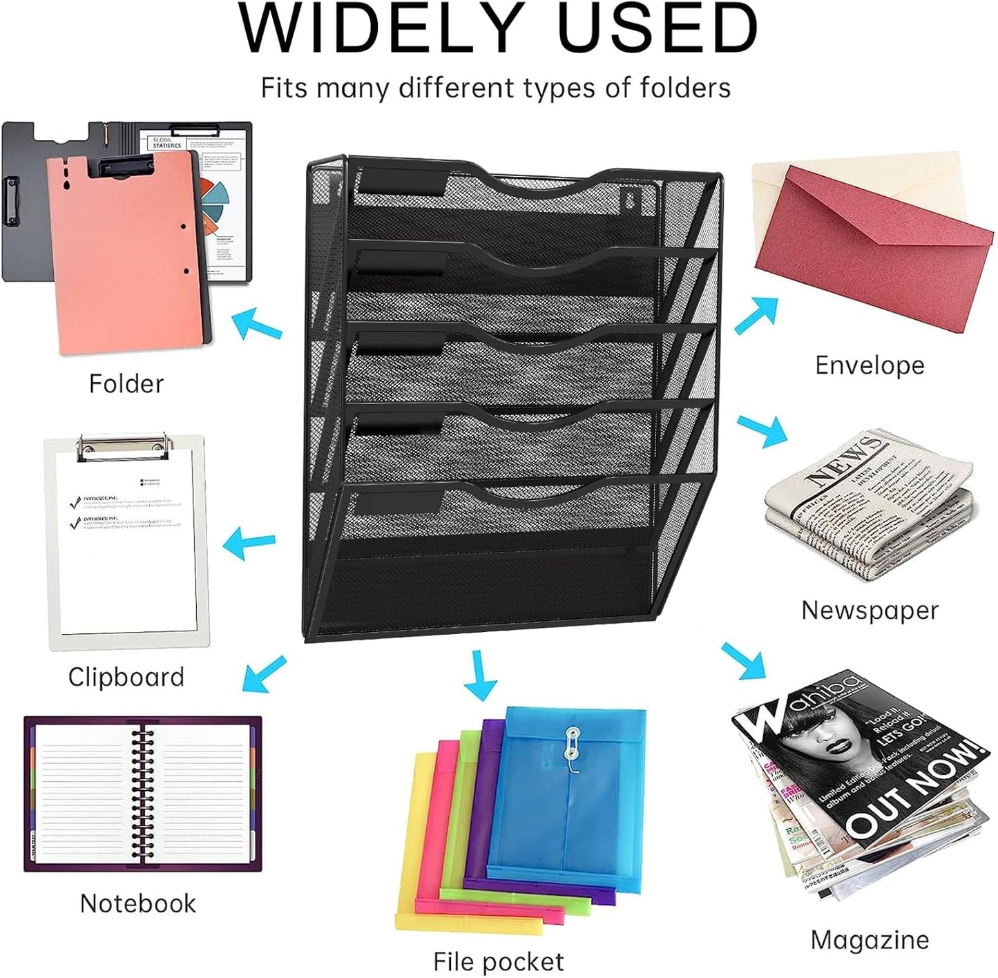 5-Tier Magnetic File Holder, No Drilling Installation File Cabinet Organizer, Black Magnetic File Organizer, Magazine Rack, Magnetic Paper Holder for Refrigerator, File Cabinets, Whiteboard