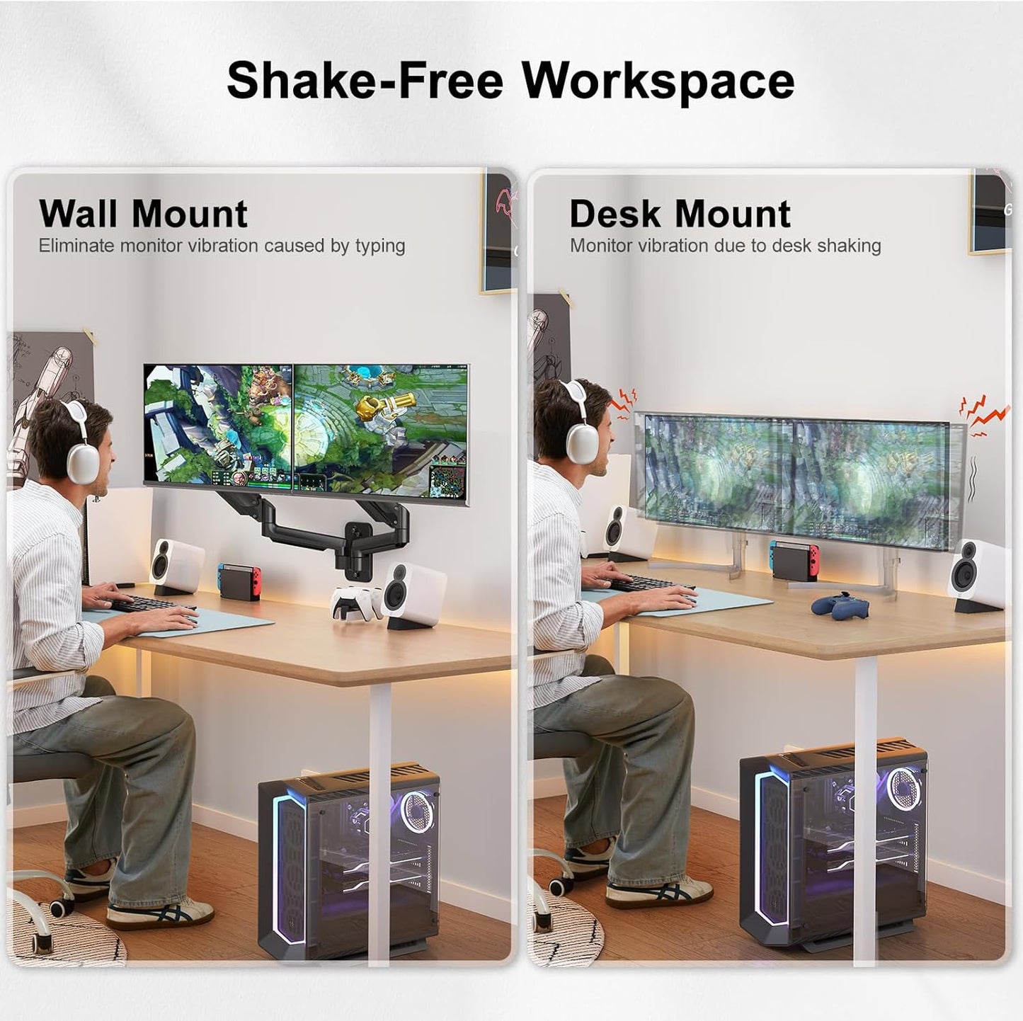 HUANUO Dual Monitor Wall Mount with Gas Spring Arms - 17-32 Inch Computer Screen Mount (4.4-17.6lbs Per Arm) - VESA 75x75/100x100 Height Adjustable Stand for Dual Monitors - Home Office Desk Setup