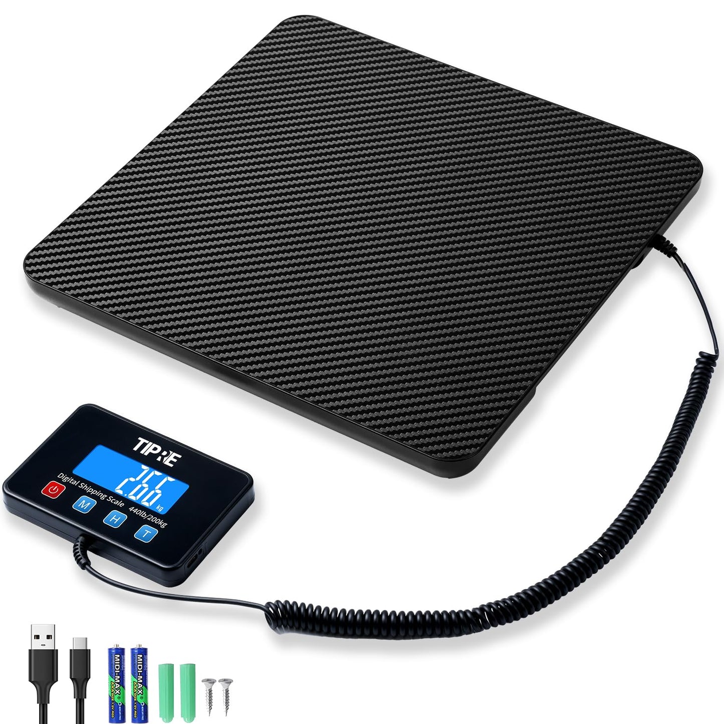 Digital Shipping Postal Scale 440lb/0.5oz Accuracy! Lightweight Carbon Fibre Commercial Weight Scale for Package, Small Business, Mail, Warehouse, Home, Luggage, Battery&Charging Cable Included