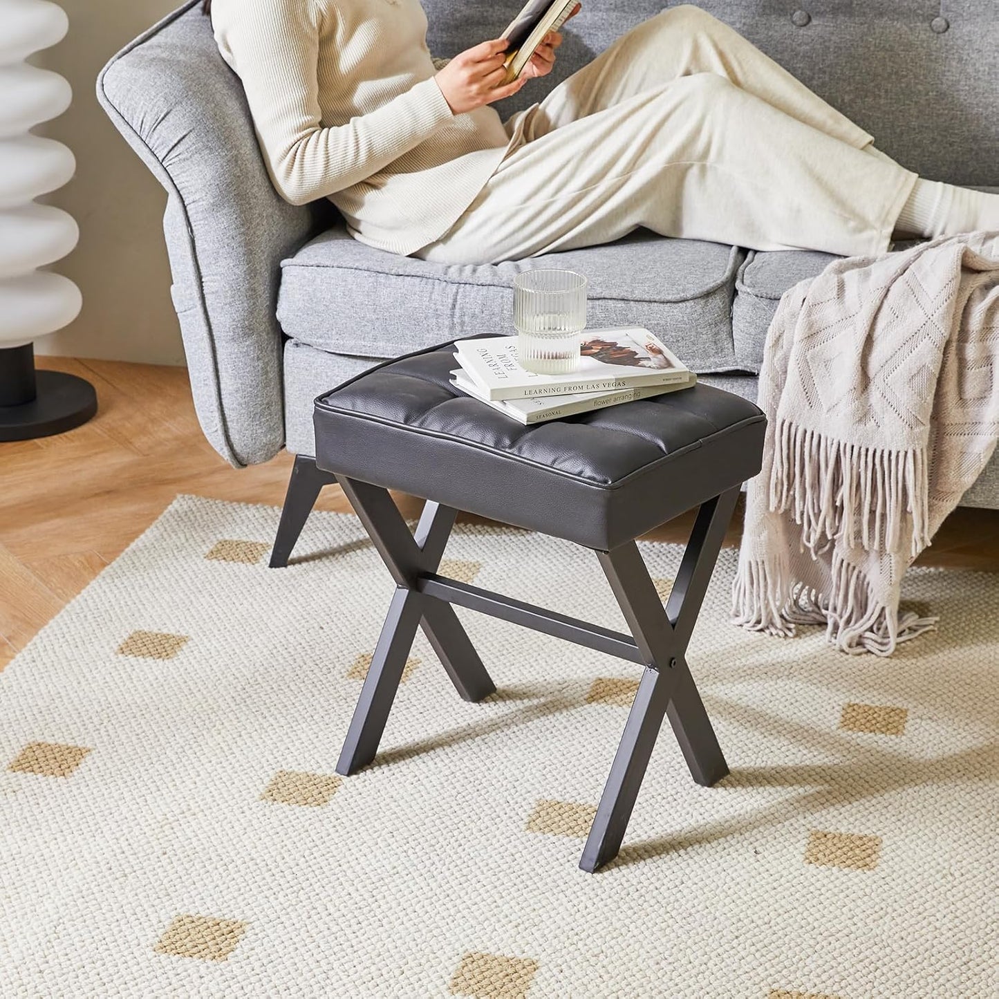 IBUYKE Square Makeup Stool with X-Leg Foot Rest, PU Footrest, Ottoman Seat Vanity Stool, Multi-Use as Small Side Table, for Bedroom, Living Room, Black LG-71B