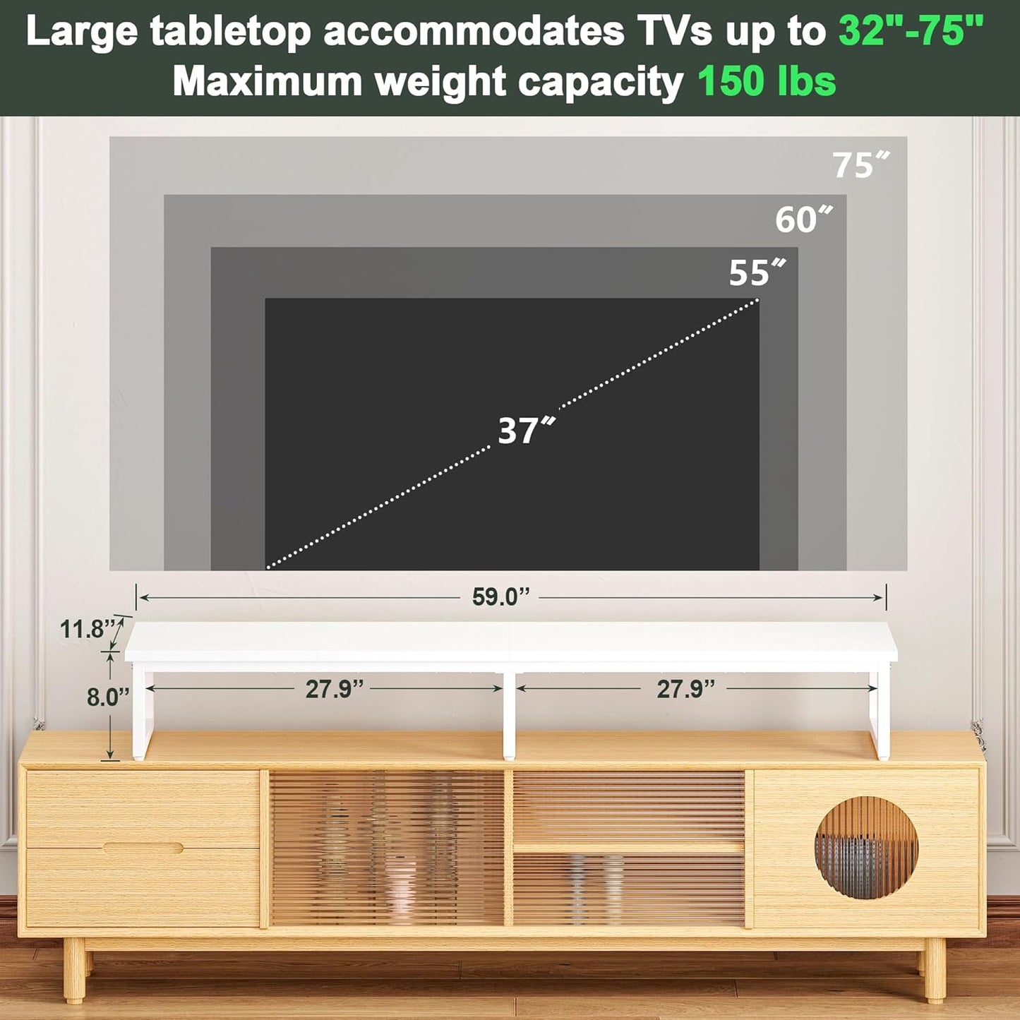 Clikuutory 59" Large TV Riser for 32-75 inch TVs, Tabletop Stand with Steel Legs, Storage & Dual - Screen Office Desk Function, Ideal for Home Office, Bedroom, Living Room, White