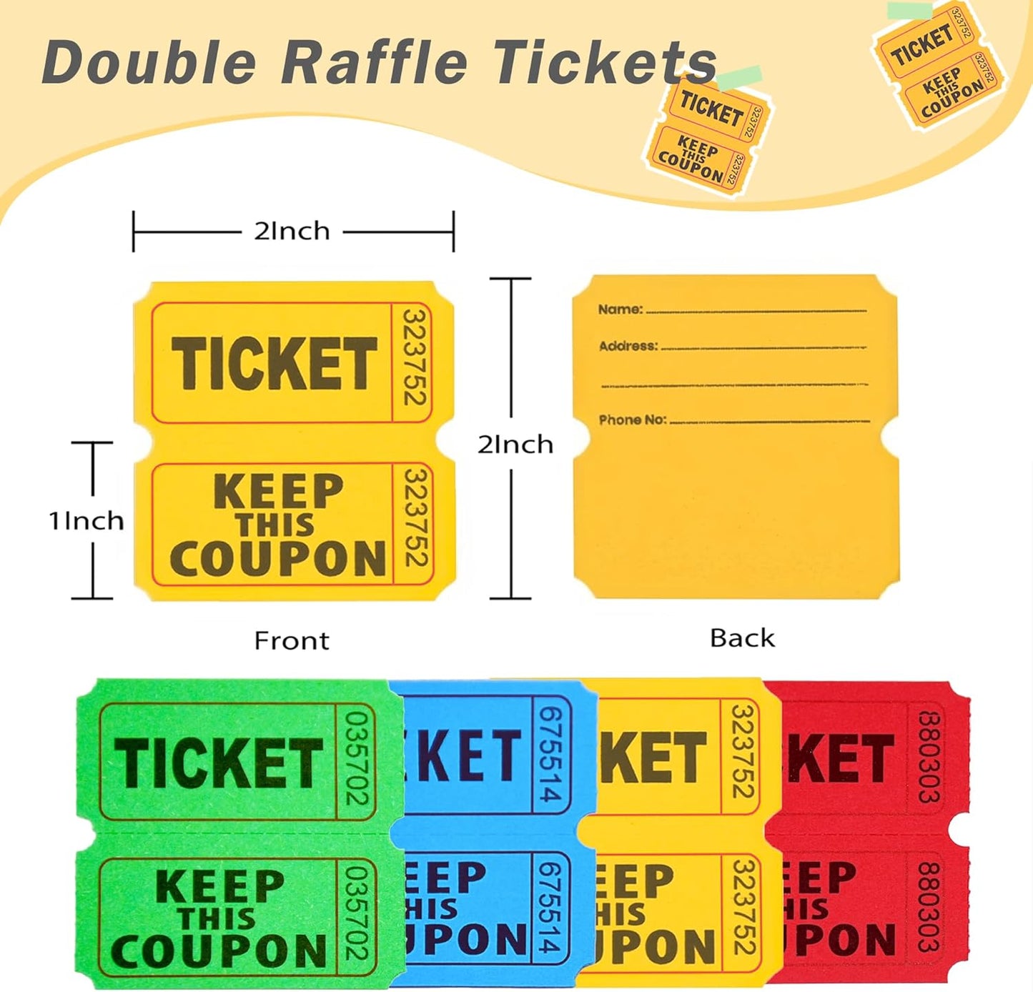 4800 Double Raffle Tickets, 1200 Tickets Per Roll, Assorted 50/50 Raffle Tickets Roll for Events, Entry, Carnivals, and Door Prizes (Blue/Red/Green/Yellow)