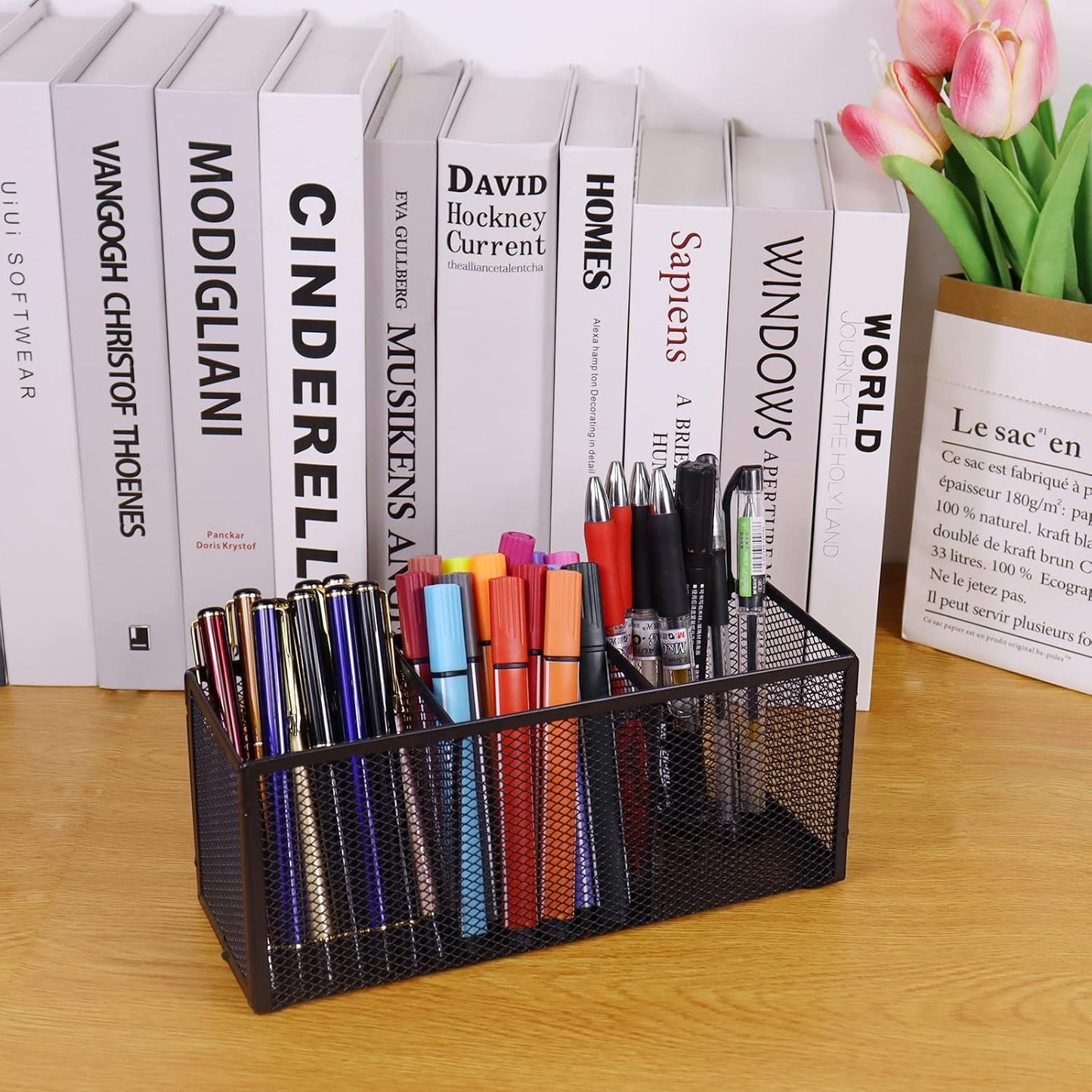 Black Mesh Pen Pencil Holder, Small Metal Desk Organizer Desktop Stationery Office Supplies Acessories Storage Stand, 3 Compartments Brushes Holder for Home School Classroom Teachers