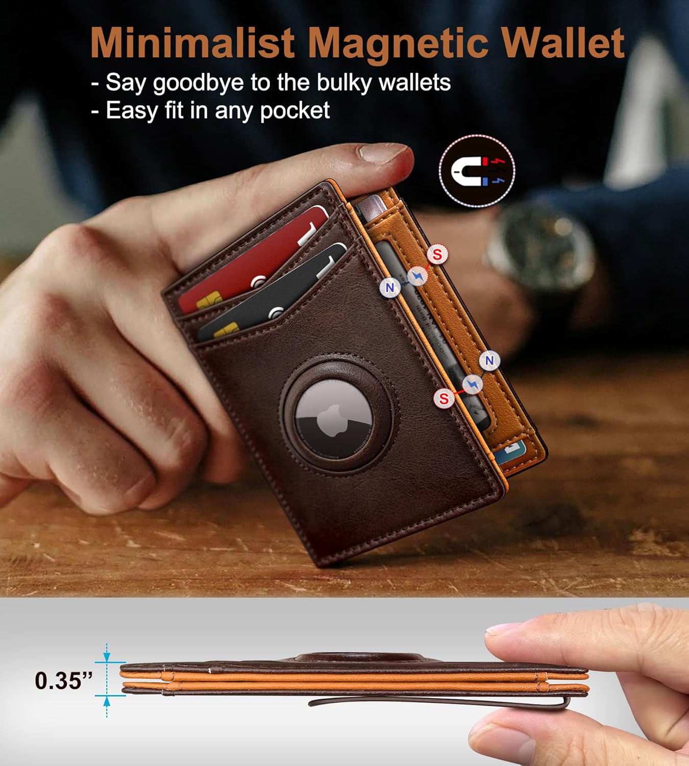 Airtag Wallet for Men- with Money Clip Gift Boxed, Magnetic Closure Slim Genuine Leather Front Pocket Wallet, 4.1"x 2.8", RFID Blocking