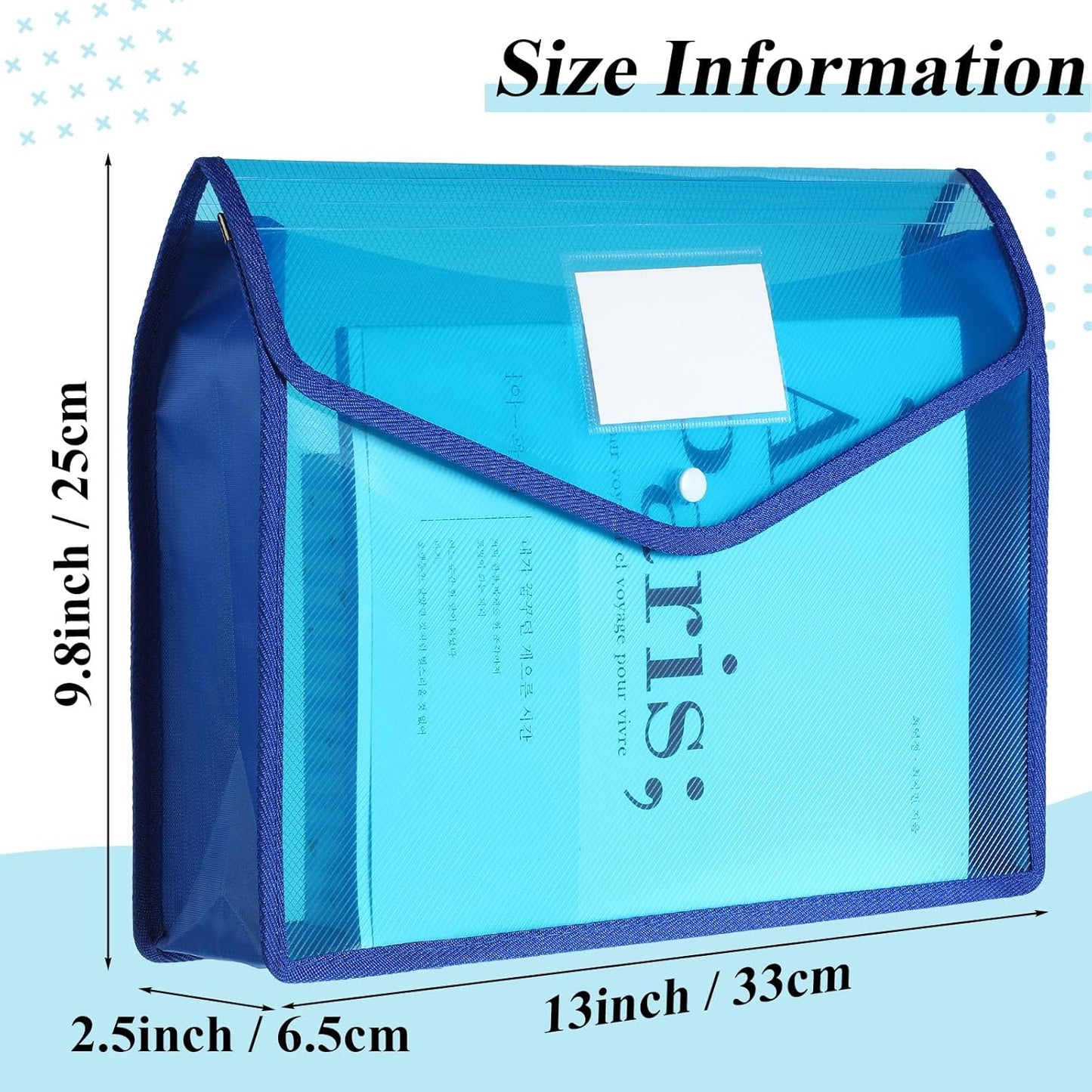 10 Pieces Plastic File Folders Envelope Expanding File Wallet Organizer Documents Folder with Snap Closure and Pocket, A4 Size Waterproof Transparent Pouch(Blue,Horizontal)