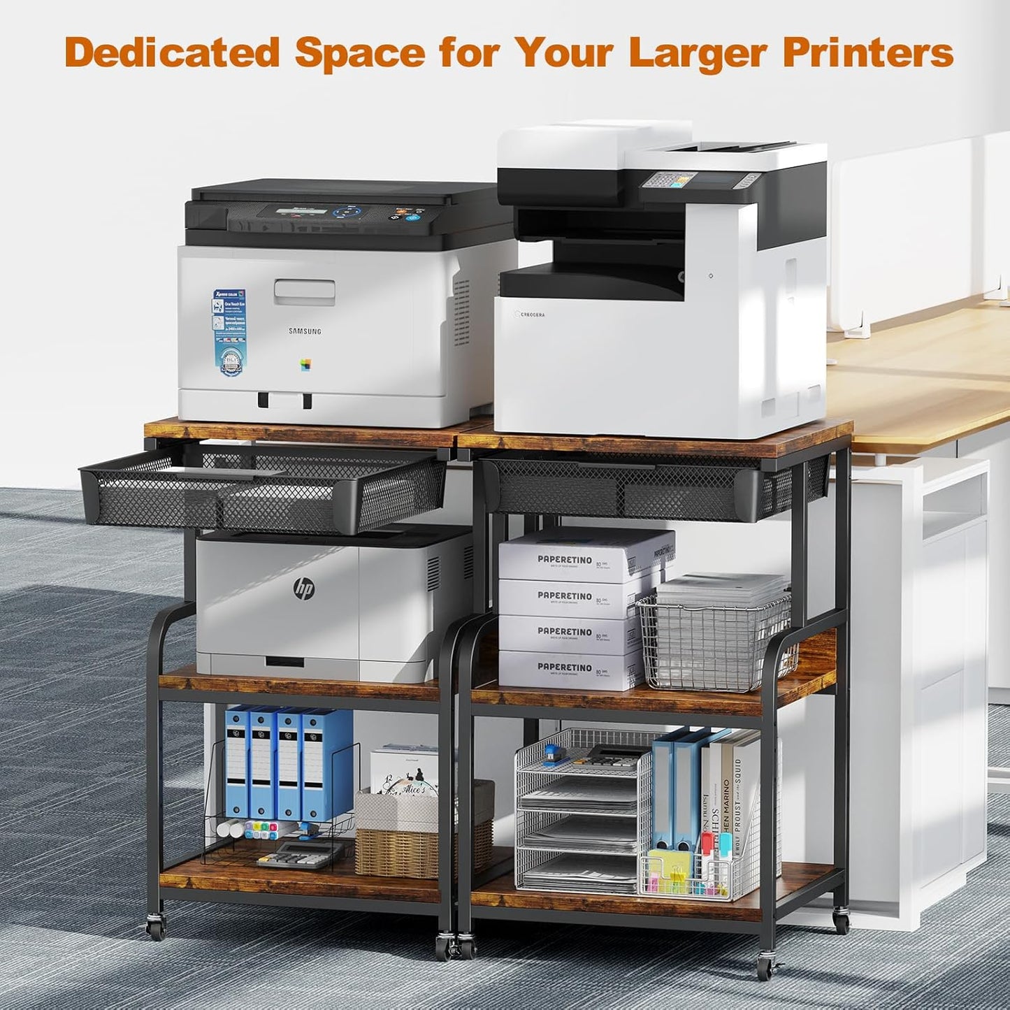 EasyCom Large Printer Stand with Storage Drawer, 5 Adjustable Shelf & 3-Tier Rolling Cart with Industrial Wheels for Desk, Mobile Printer Table for Home Office Fits 3D Printer Scanner Fax Rustic Brown