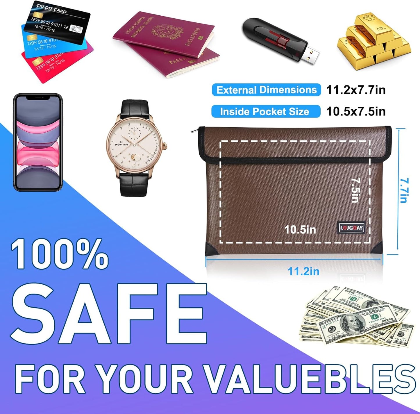 Fireproof Document Bag - with 4200°F Heat Insulated, Waterproof Fireproof Bag with Zipper, 8 Layers of Functional Materials, Fireproof Money Bag for Cash/Documents/Valuables, Fire Bag 11"x7.7" …