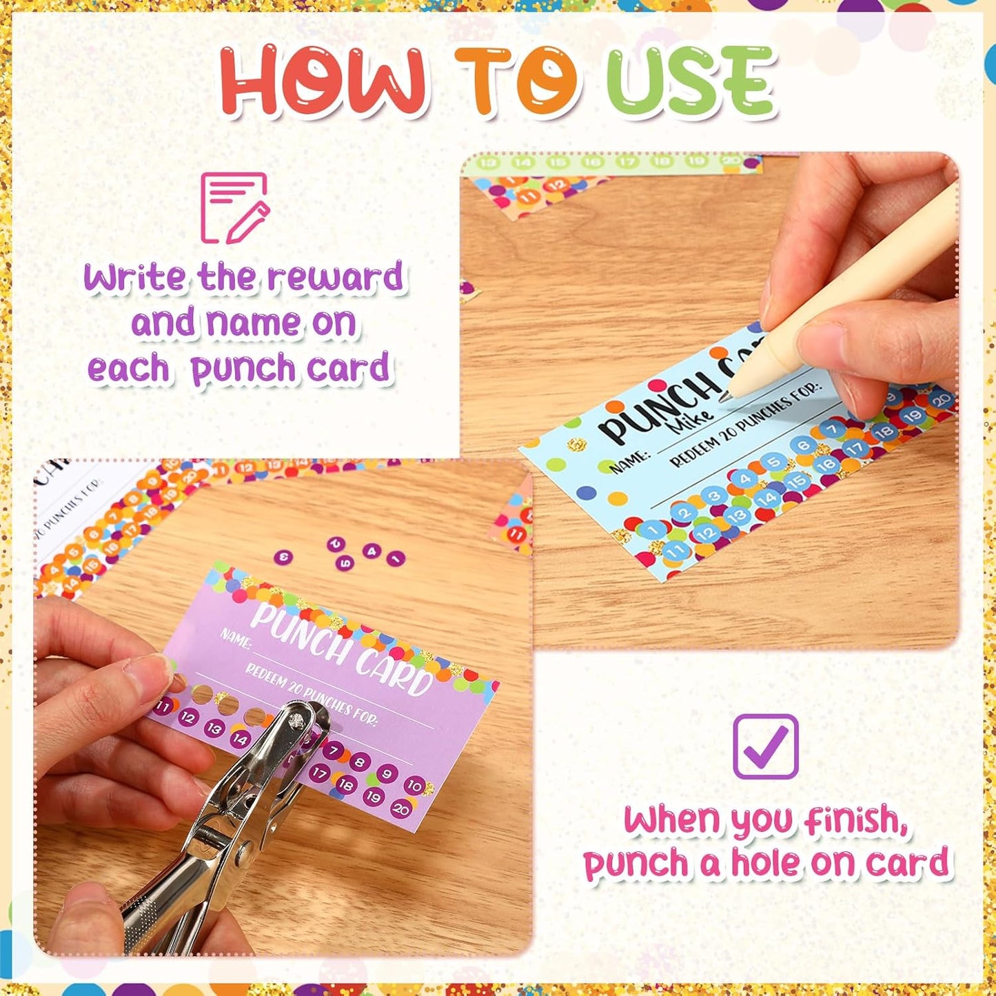 Fumete 400 Pcs Punch Cards for Classroom Reward Cards Behavior Incentive Loyalty Awards for Kids Students Teachers School Business, 8 Styles, 3.5 x 2 in(20 Polka Dots Punches Style)