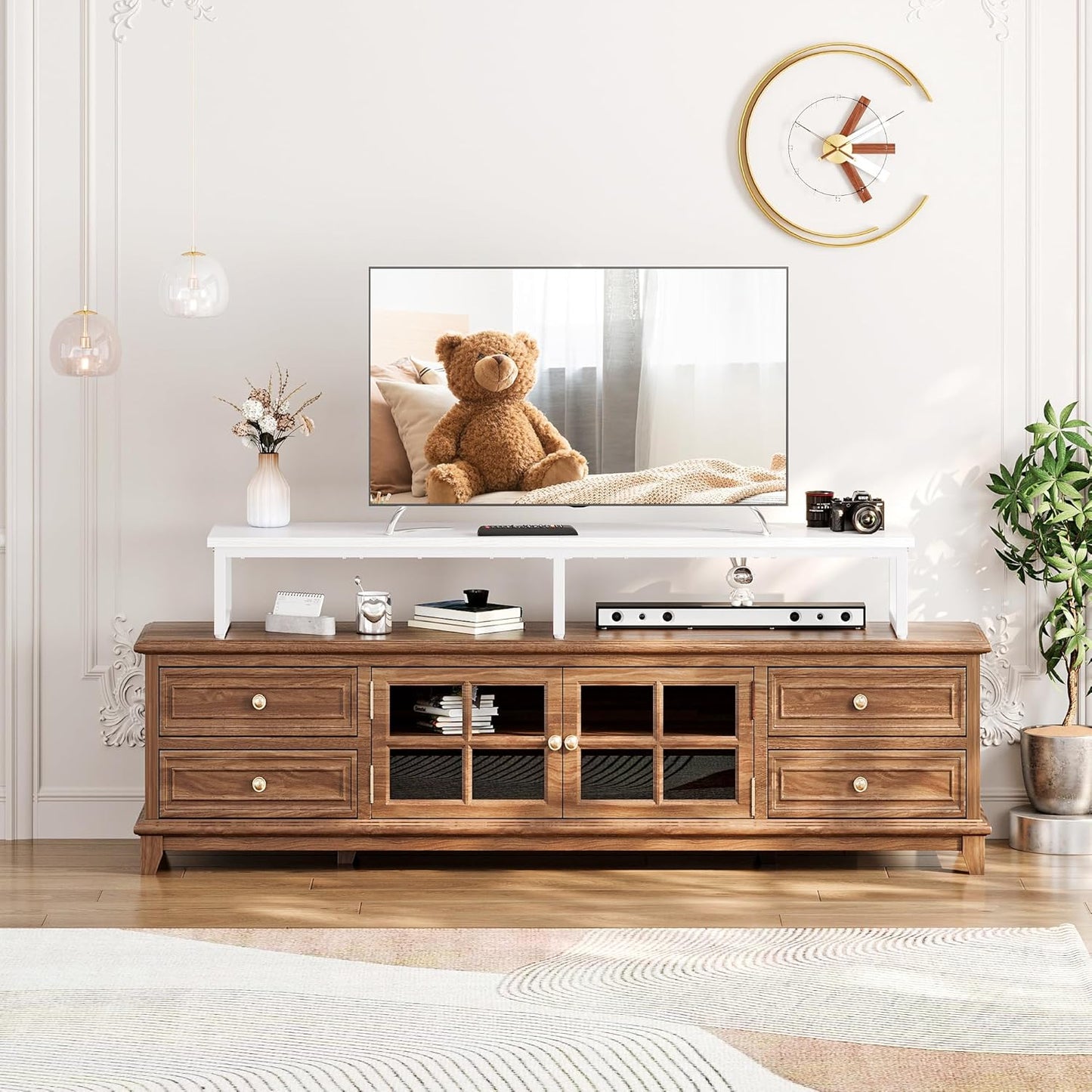 Clikuutory 59" Large TV Riser for 32-75 inch TVs, Tabletop Stand with Steel Legs, Storage & Dual - Screen Office Desk Function, Ideal for Home Office, Bedroom, Living Room, White