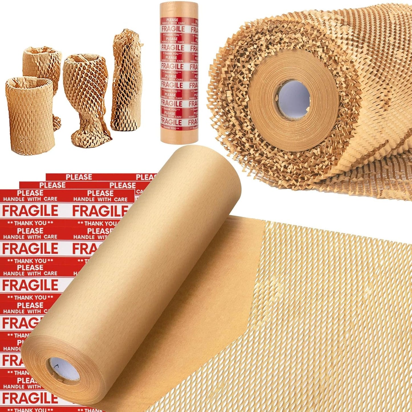 Honeycomb Packing Paper, MINHAO 15"x500' Eco Friendly Packing Paper for Moving Recyclable Honeycomb Paper Moving Supplies Bubble Paper Wrapping Protective Roll, With 36 Fragile Sticker Labels