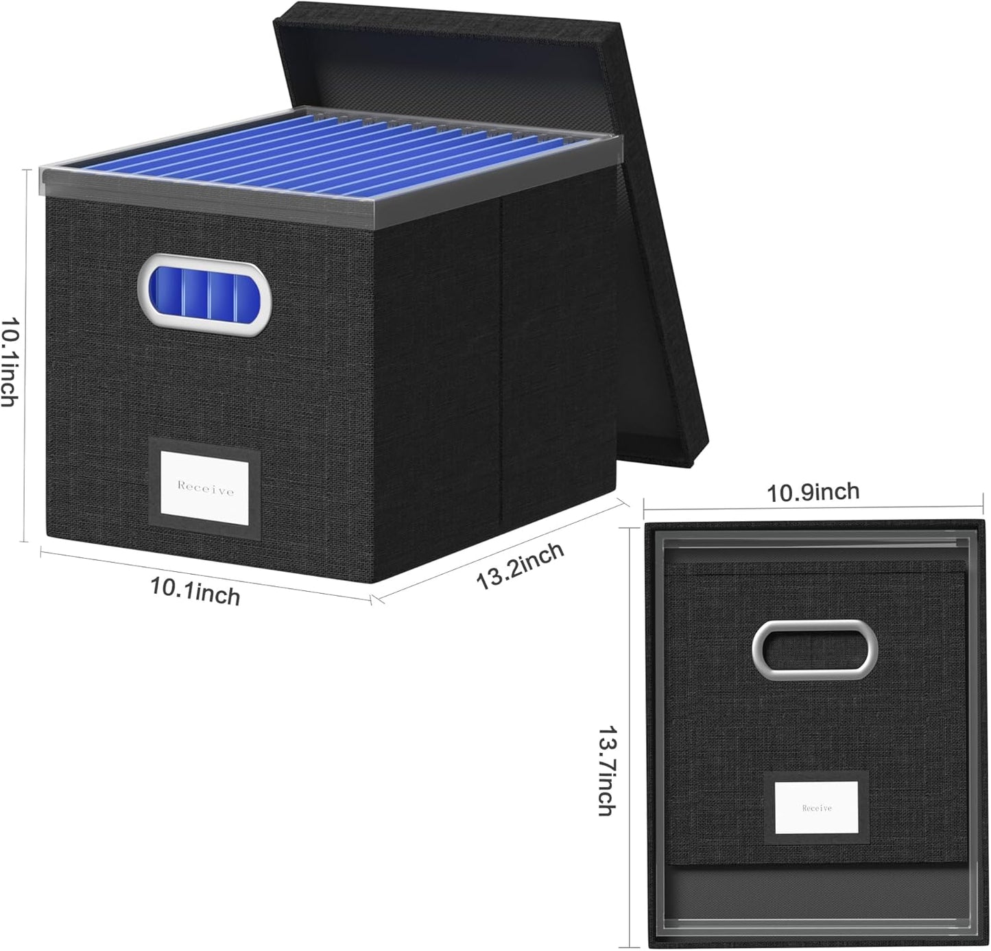 File Organizer Box - File Boxes for Hanging Files with Lid Set of 2 Decorative Hanging Folders Letter Size Organizer with One-Piece Plastic Frame Slides (Black, 13.2 * 10.1 * 10.1in(2Pack))