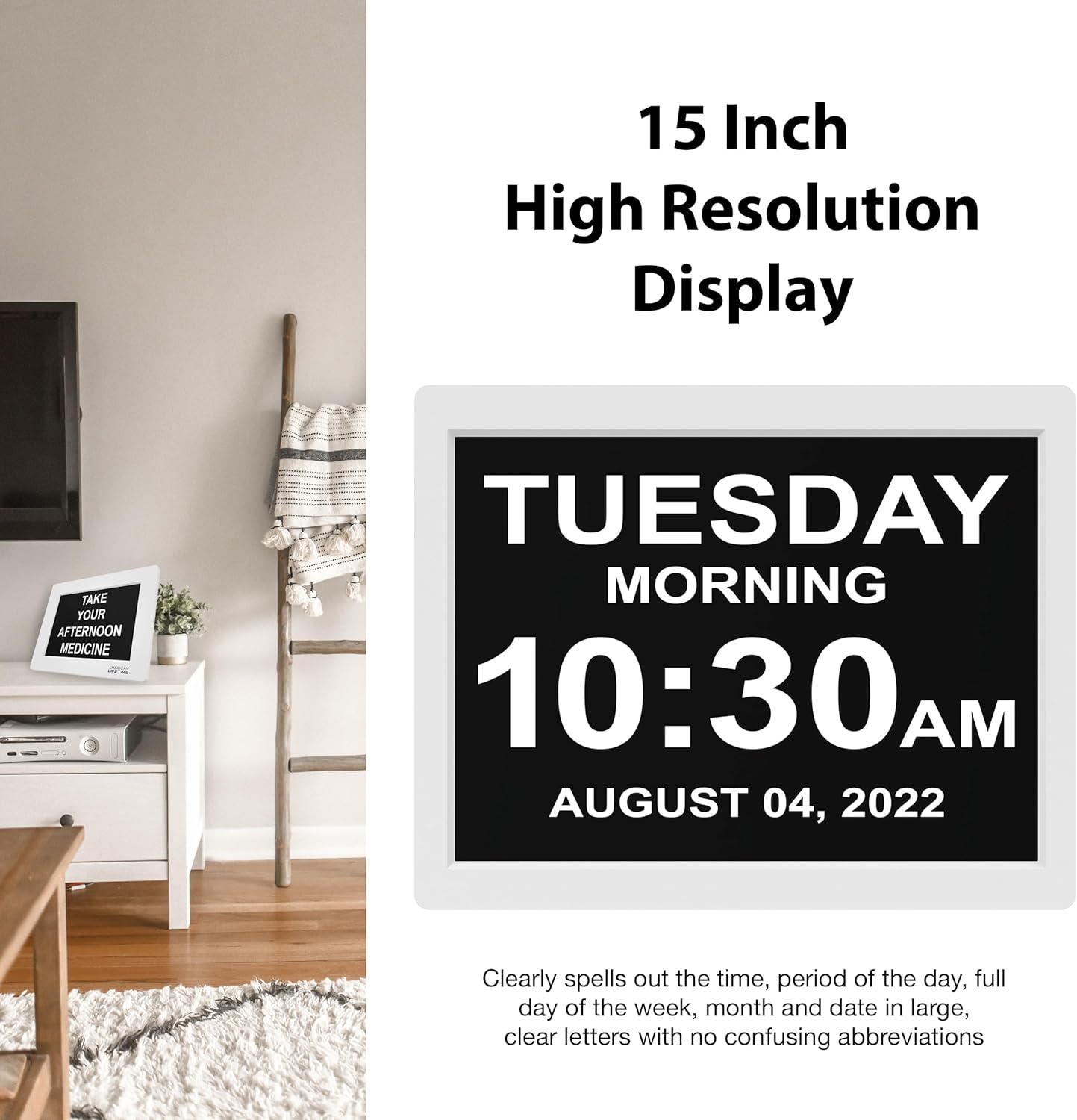 American Lifetime 【New 2024 Dementia Clock Large Digital Clock for Seniors, Digital Clock Large Display, Custom Alarms, Clock with Day & Date for Elderly, Large Number Digital Clock White, 15 Inch