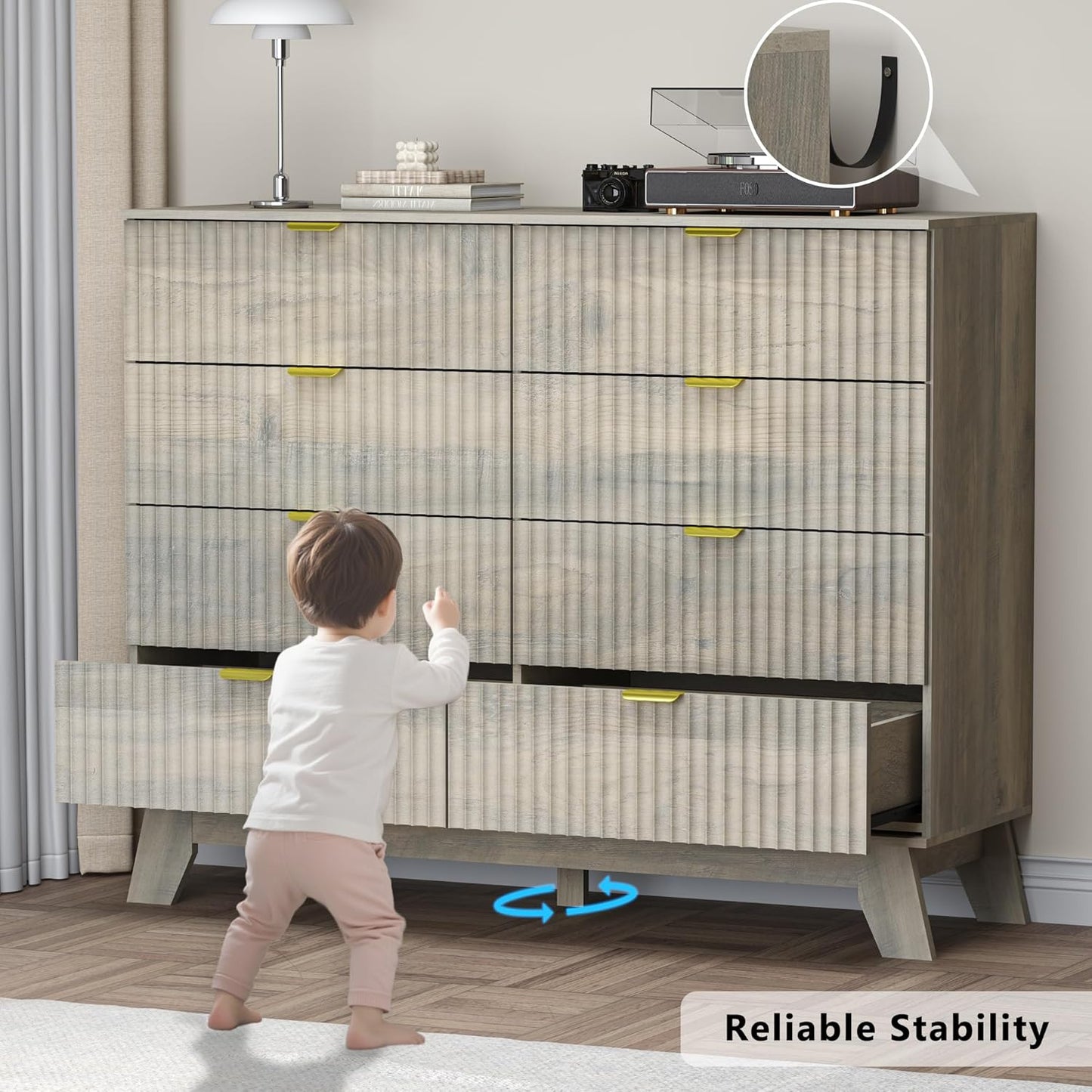 Fluted 8 Drawer Tall Dresser, 47.2" Wide Modern Boho Chest of Drawers, Wooden Storage Dresser TV Stand for Bedroom, Living Room, Closet, Hallway, Curved Profile Design