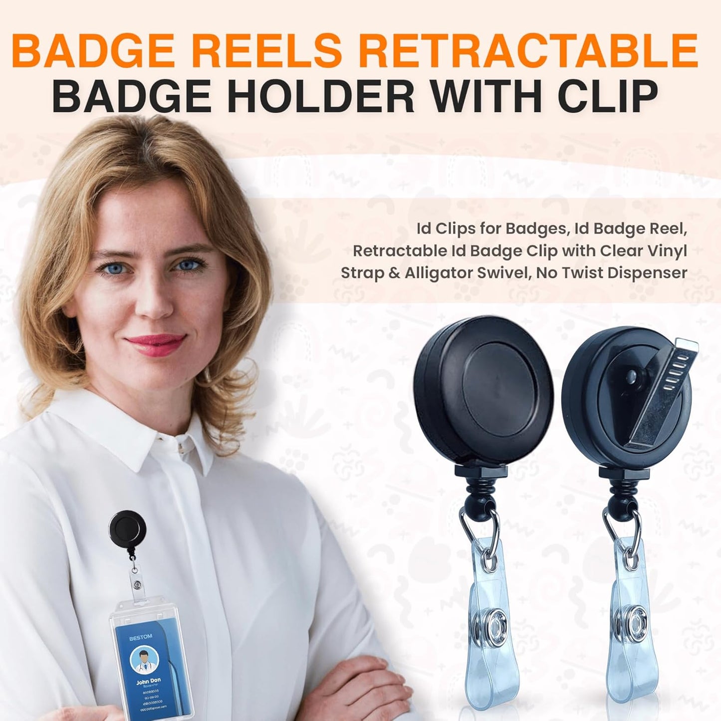 100 Pack Badge Reels: Retractable Badge Holder with Clip, Id Badge Reel, ALLIGATOR SWIVEL Offering Clear Vinyl Strap, NO TWIST DISPENSER - BLACK
