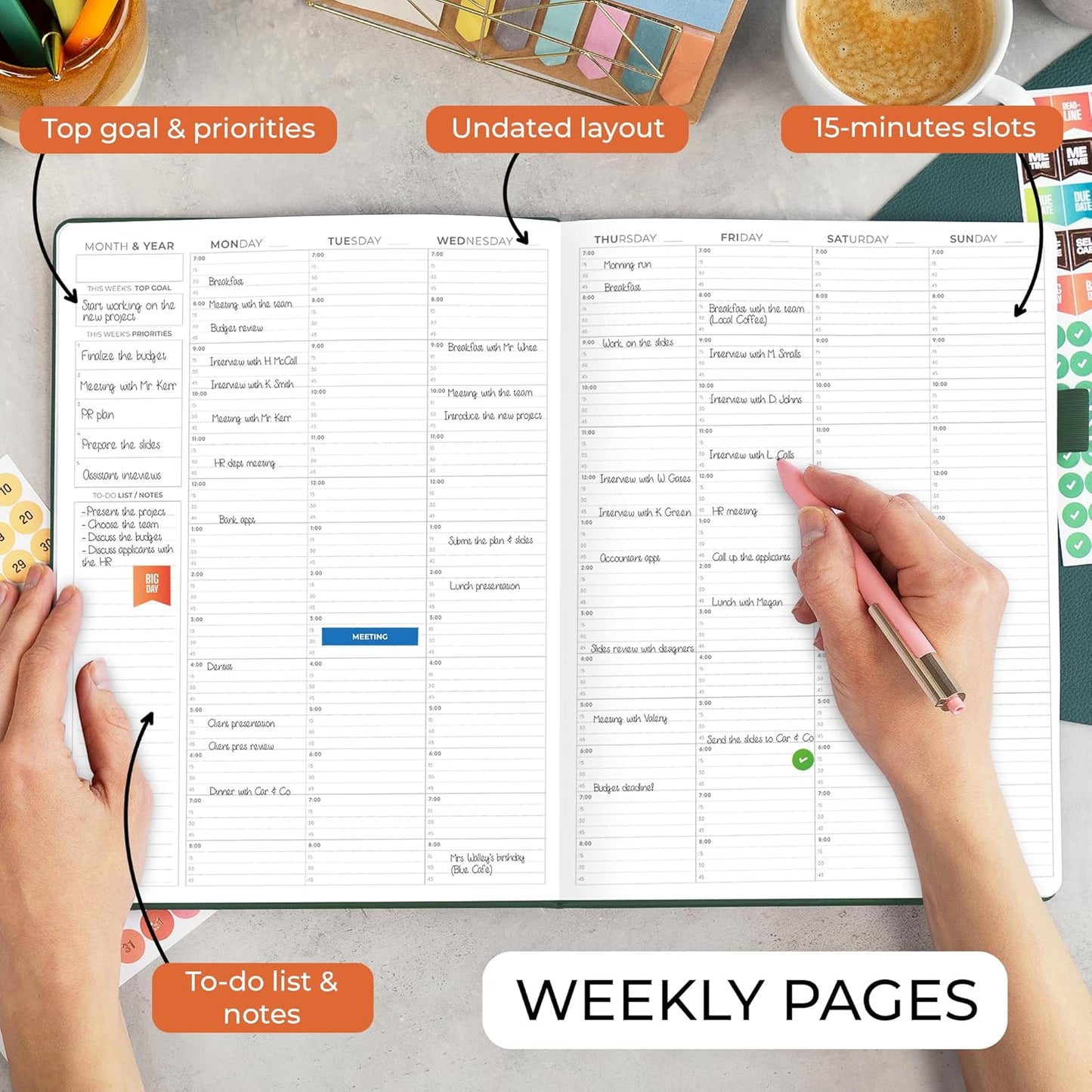 Clever Fox Appointment Book – Hourly Schedule Planner with 15-Minute Increments – Time Box Planner for Daily Work & To-Dos – Weekly & Monthly Spreads, Undated, Hardcover, 8.3x11″ (Dark Green)