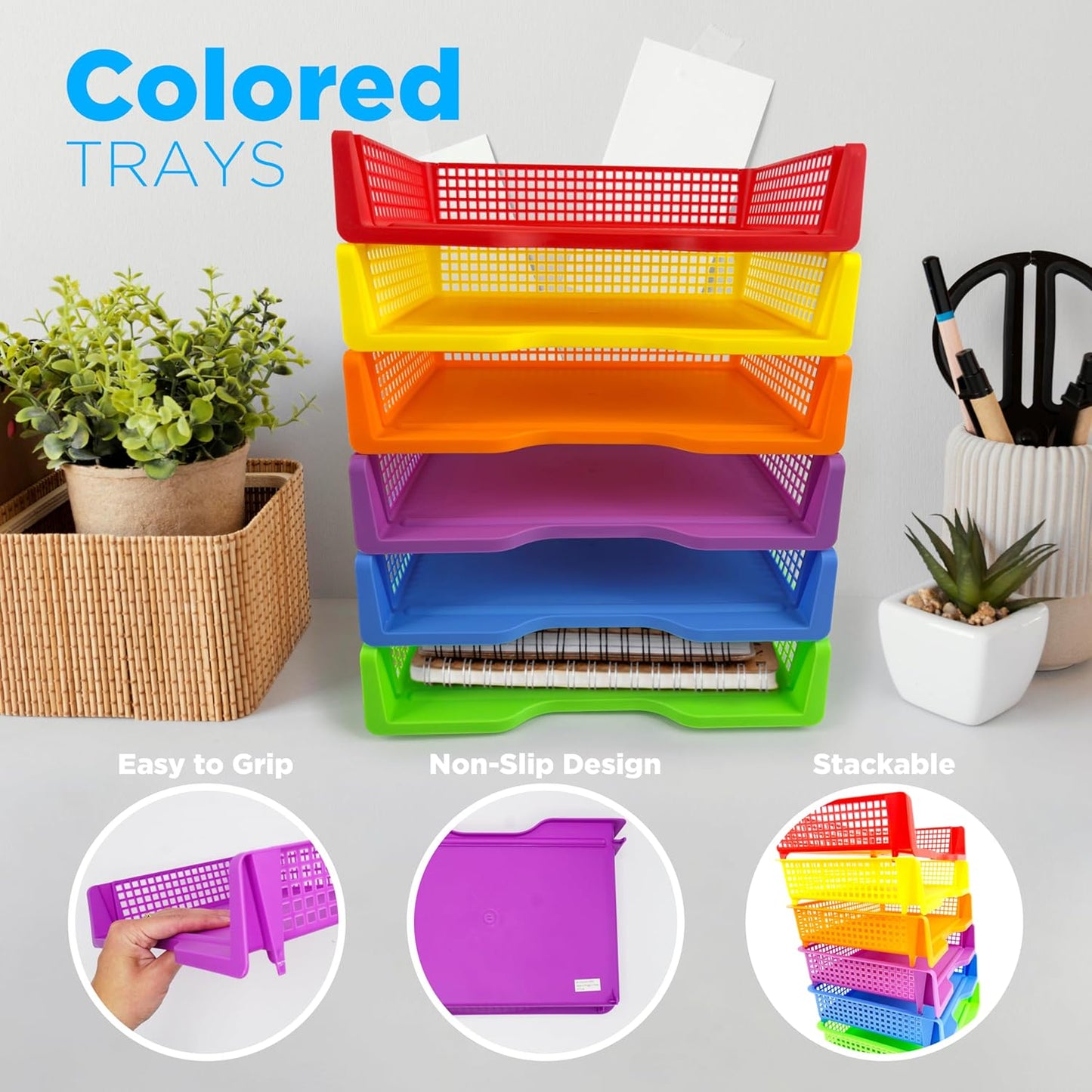4E's Novelty 6 Colorful Plastic Trays for Teachers, Durable Turn in Trays, Classroom Paper Organizers, Stackable Storage Baskets for Office Desk, Classroom Organization Supplies, 13.3"L x 9.2"W x 3"H