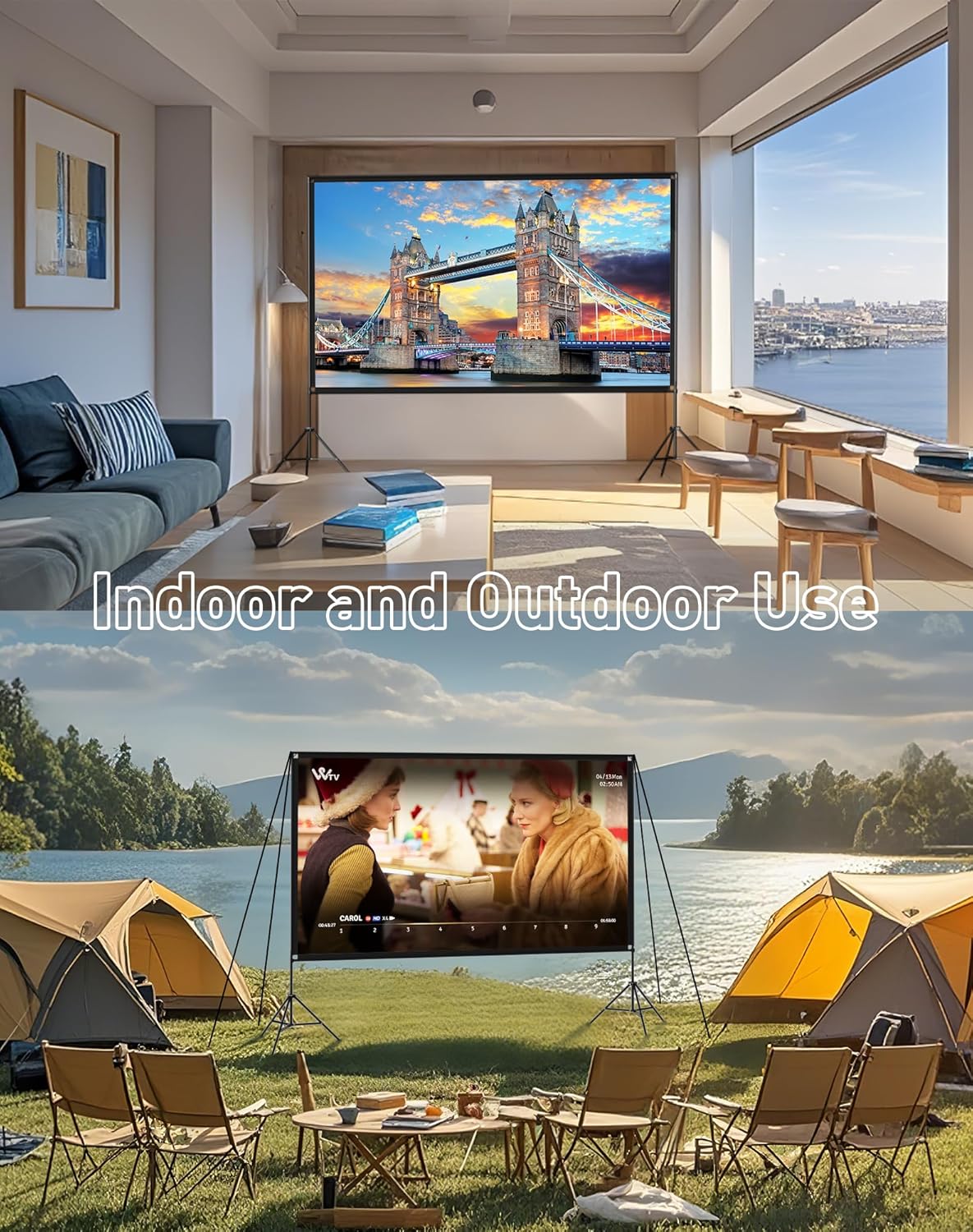 120 Inch Projector Screen with Dual Tripod Stands, 16:9 4K HD Foldable Anti-Crease Portable Outdoor Projector Screen with Stand for Movie Nights, Backyard, Indoor Home Theater, Large Projection Screen