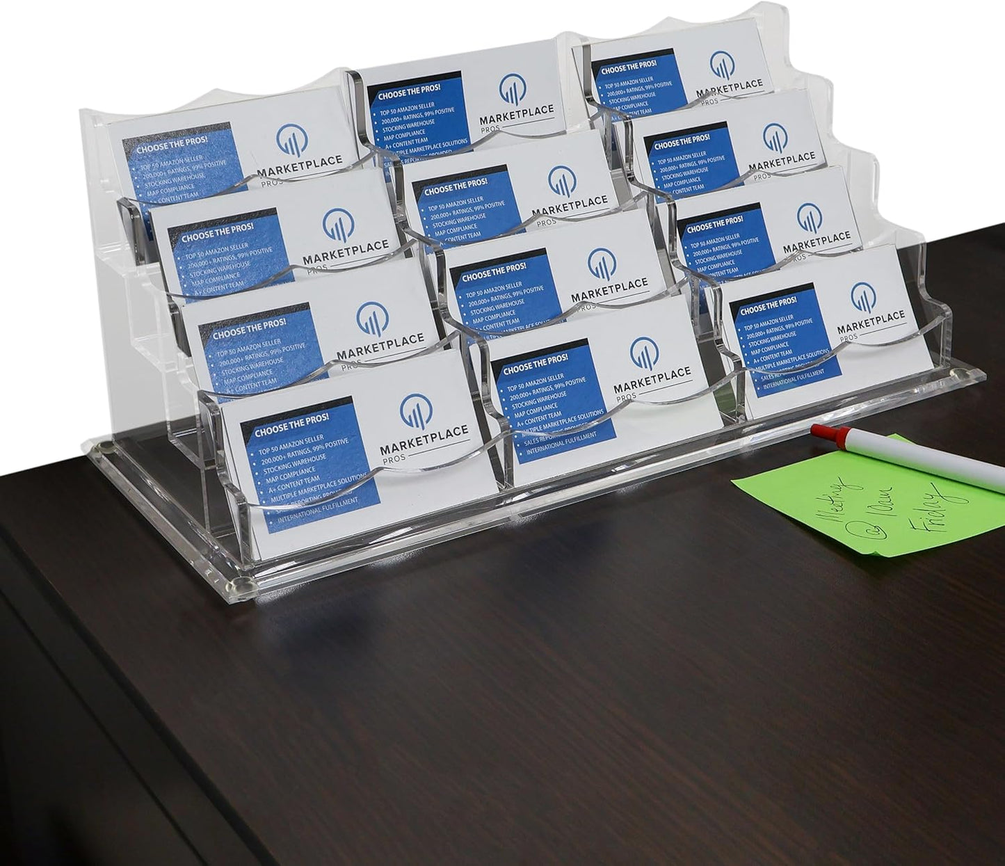7Penn Acrylic Business Card Holder for Desk - 12 Slot Card Organizer for Desk Storage - Clear Countertop Sticker Display 3 Tier Horizontal Business Card Display Rack - 600 Card Holder Stand