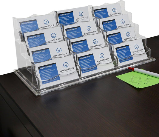 7Penn Acrylic Business Card Holder for Desk - 12 Slot Card Organizer for Desk Storage - Clear Countertop Sticker Display 3 Tier Horizontal Business Card Display Rack - 600 Card Holder Stand