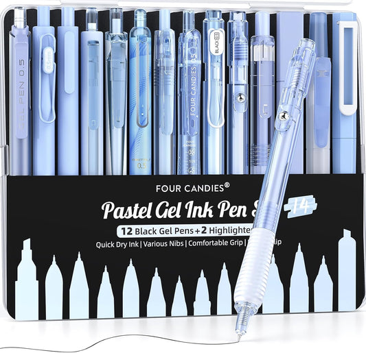 Four Candies 14Pack Pastel Gel Ink Pen Set,Cute Retractable 0.5mm Fine Point Pen,Note Taking Aesthetic Pens,12 Pack Black Ink Pens with 2Pack Highlighter, Smooth Writing Pens for School, Office (Blue)