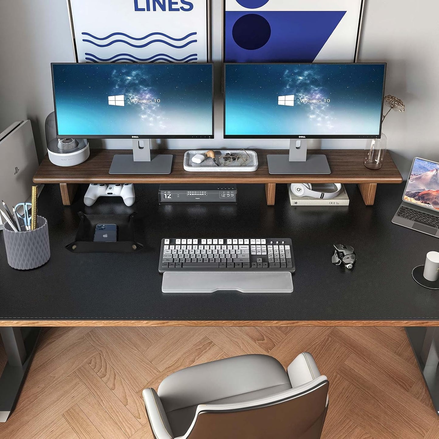 DAWNTREES Dual Sided Desk Mat,Black Leather Desk Pad,47.2''x23.6'',Cork Desk Mat Protector,120x60cm Extra Large Mouse Pad,with PU Leather Valet Tray Organizer,Desk Writing Pad for Office and Home