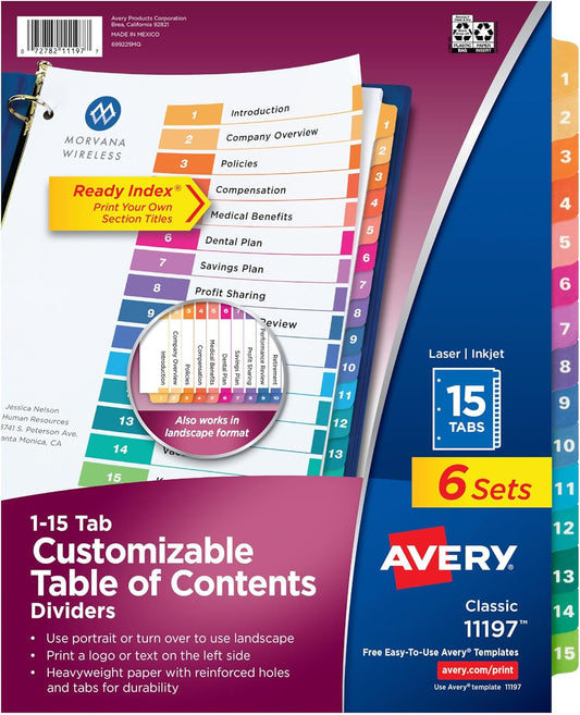 Avery 15 Tab Dividers for 3 Ring Binders, Customizable Table of Contents, Multicolor Tabs, 6 Sets (11197)