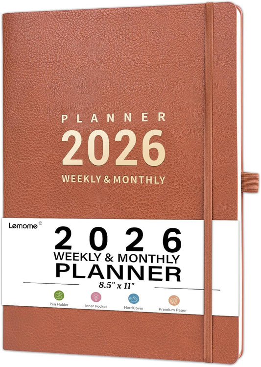 2026 Planner - 2026 Planner Weekly and Monthly, January 2026 - December 2026, 8.5" x 11", Pen Holder, Calendar Stickers, Pocket, 25 Notes Pages, Faux Leather Cover, A4 Premium Paper - Brown