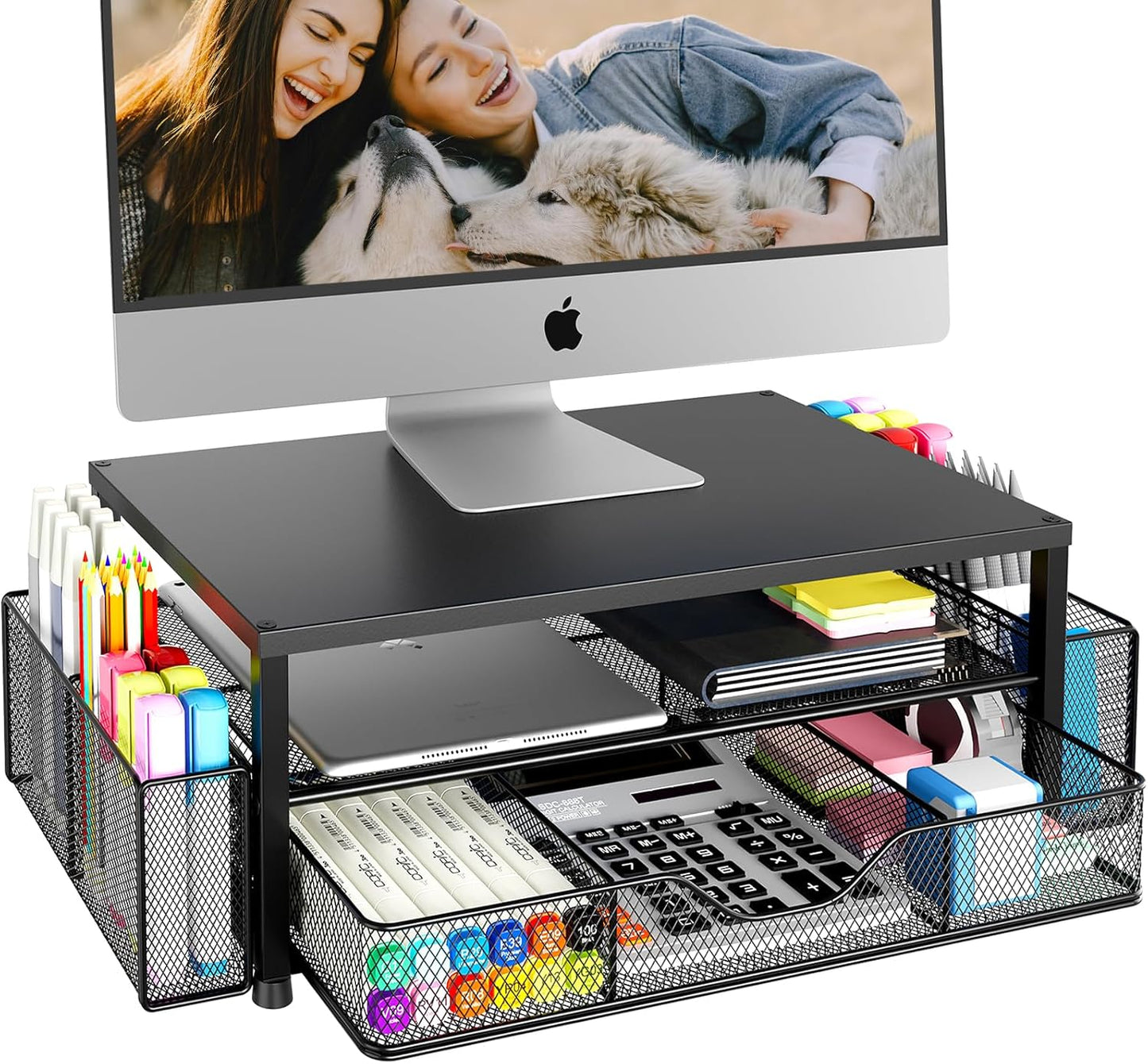 Desk Organizer and Accessories, 2-Tier Computer Monitor Stand Riser with Drawer and 2 Pen Holders, Laptop Stand, Office Desk Accessories for Office Supplies, Black