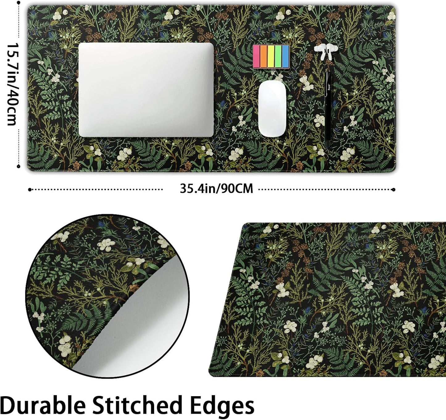 Black Aesthetic Vintage Botanical Gaming Mouse Pad XXL Cute Forest Green Plant Nature Floral Extended Large Mouse Pad Big Mousepad Non-Slip Stitched Edge Long Mat for Desk Office Computer,35.4x15.7 in