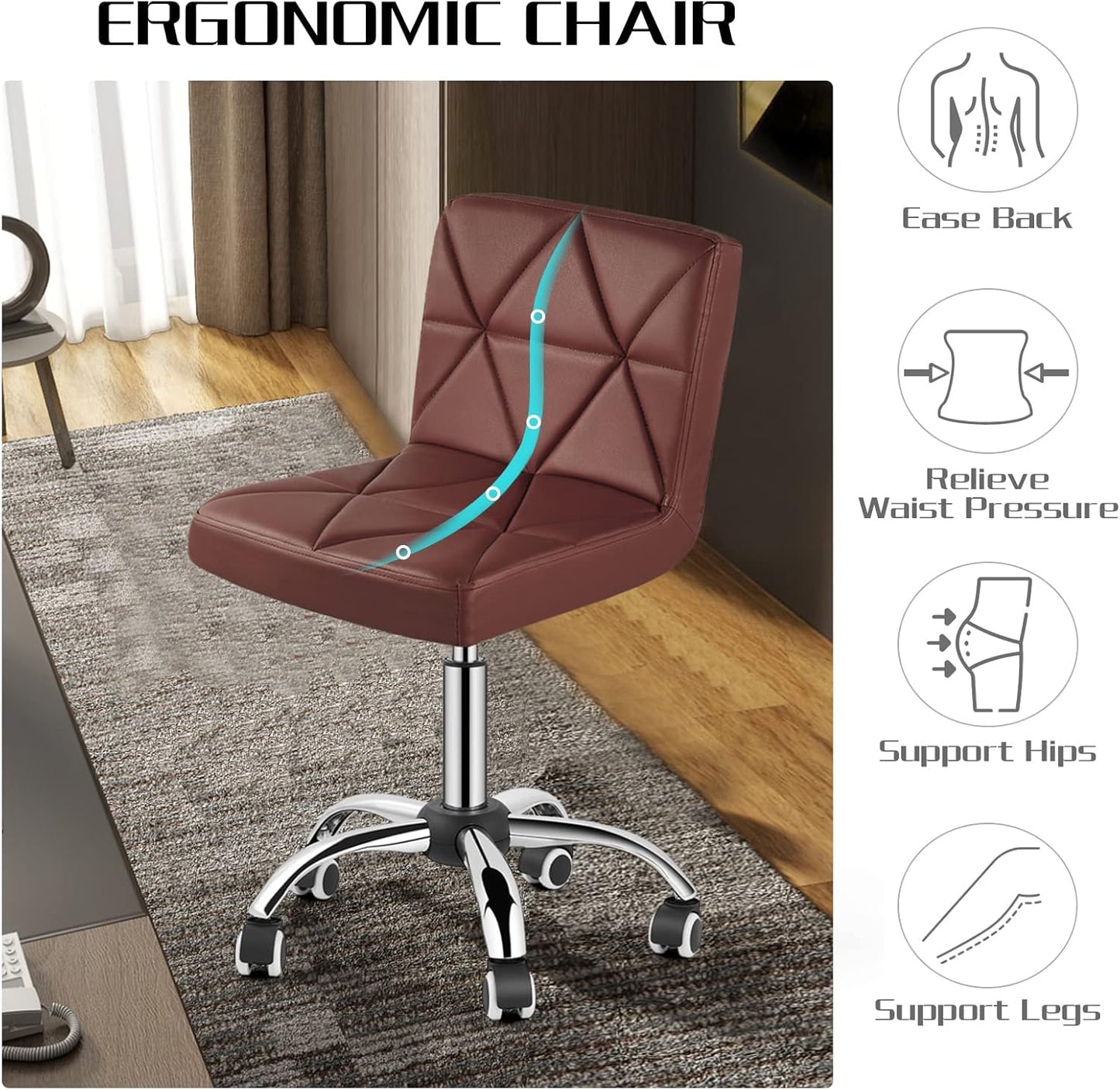 COSVALVE Armless Desk Chair, Mid Back 360 Swivel Office Chair, Height Adjustable Executive Conference Task Chair with Rolling Wheels and Diamond Pattern for Home Bedroom Computer Barber, Brown