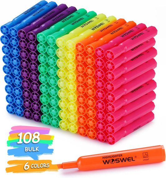 Highlighters Bulk, 108 Pack Tank Style Highlighters Assorted Fluorescent Colors Set, 6 Bright Colors Chisel Tip Highlighter Markers for Kid and Adult Coloring, Highlighting as School Supplies