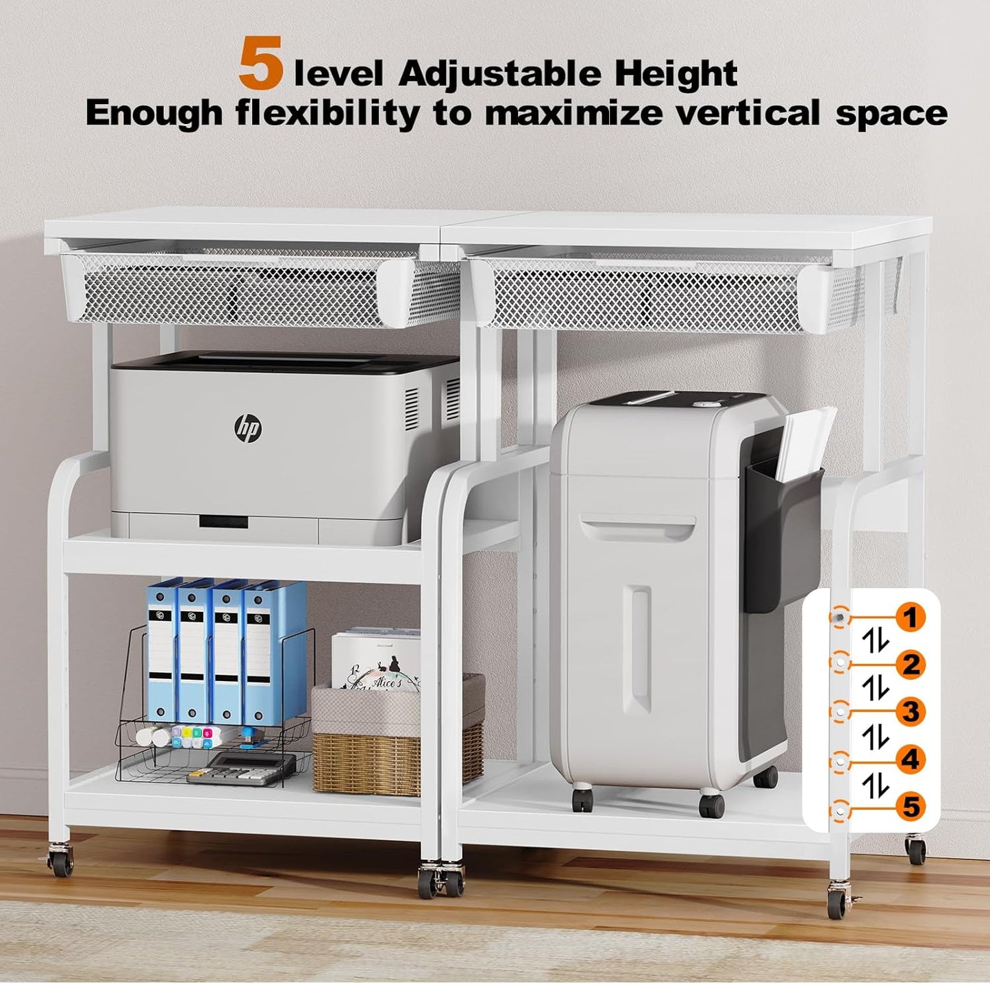EasyCom Large 3-Tier Rolling Printer Stand with Storage Drawer & 5 Adjustable Shelves Mobile Cart with Industrial Wheels for Home Office Desk Fits 3D Printer, Scanner, and Fax White