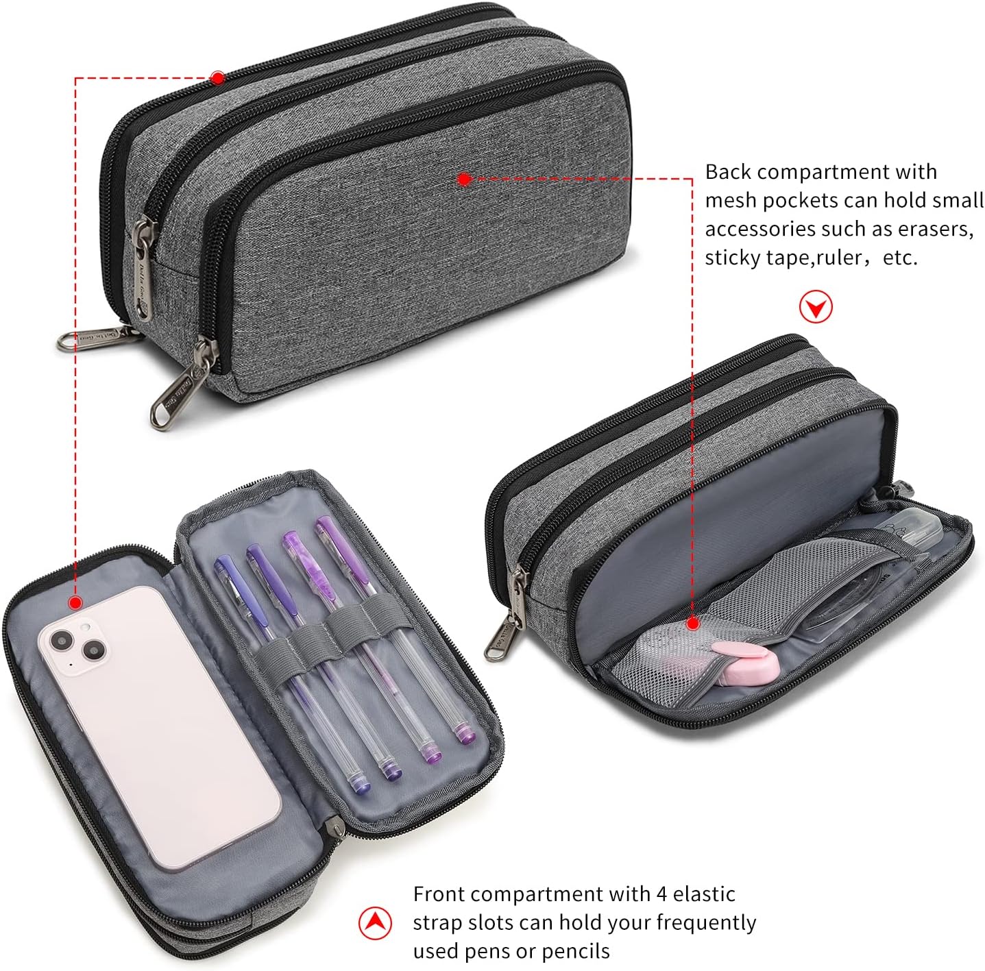 Della Gao Big Capacity Pencil Case, Aesthetic Pencil Pouch with 3 Compartments Large Pencil Bag Nylon Storage Pen Bag Office Stationery Organizer for Women and Men - Grey