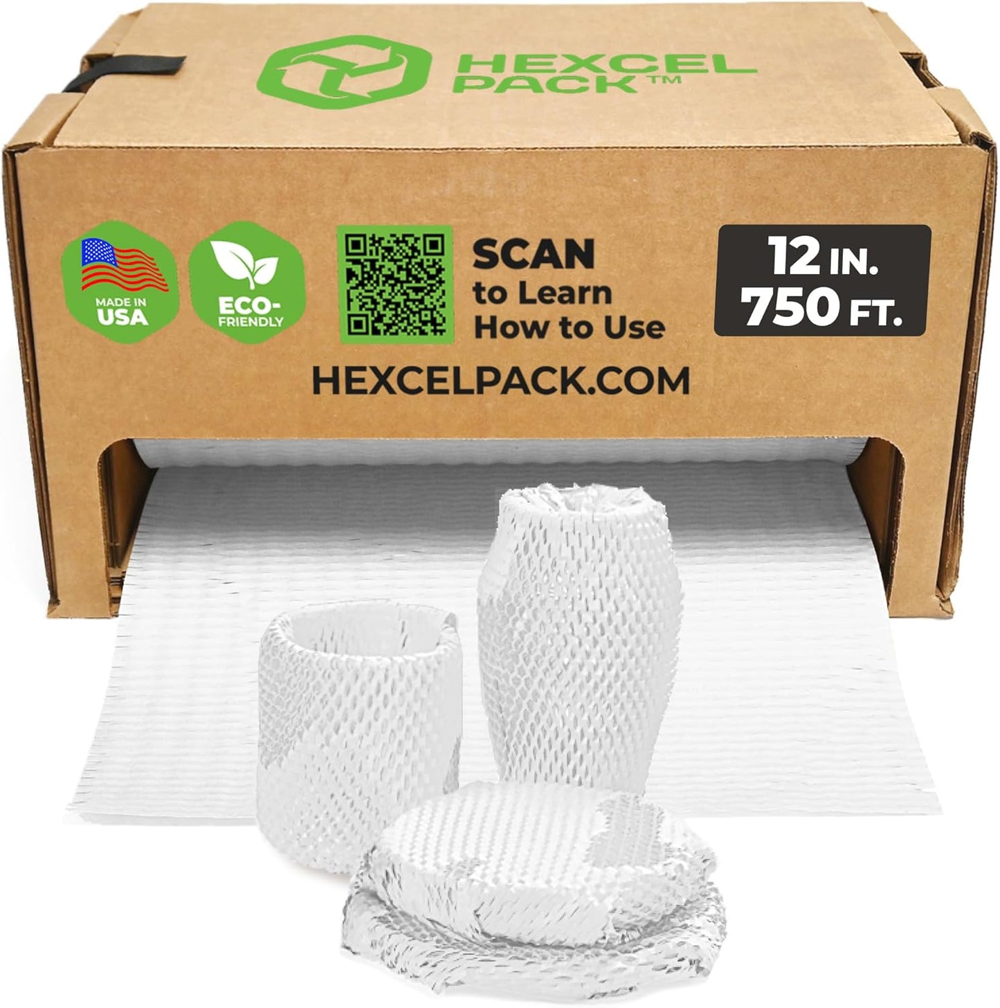 HexcelWrap Mini - Honeycomb Packing Paper, Eco-Friendly, Sustainable Paper Bubble Wrap for Shipping & Moving, Cushioned Packing Material in Dispenser - White, Pallet of 40, 12" x 750'