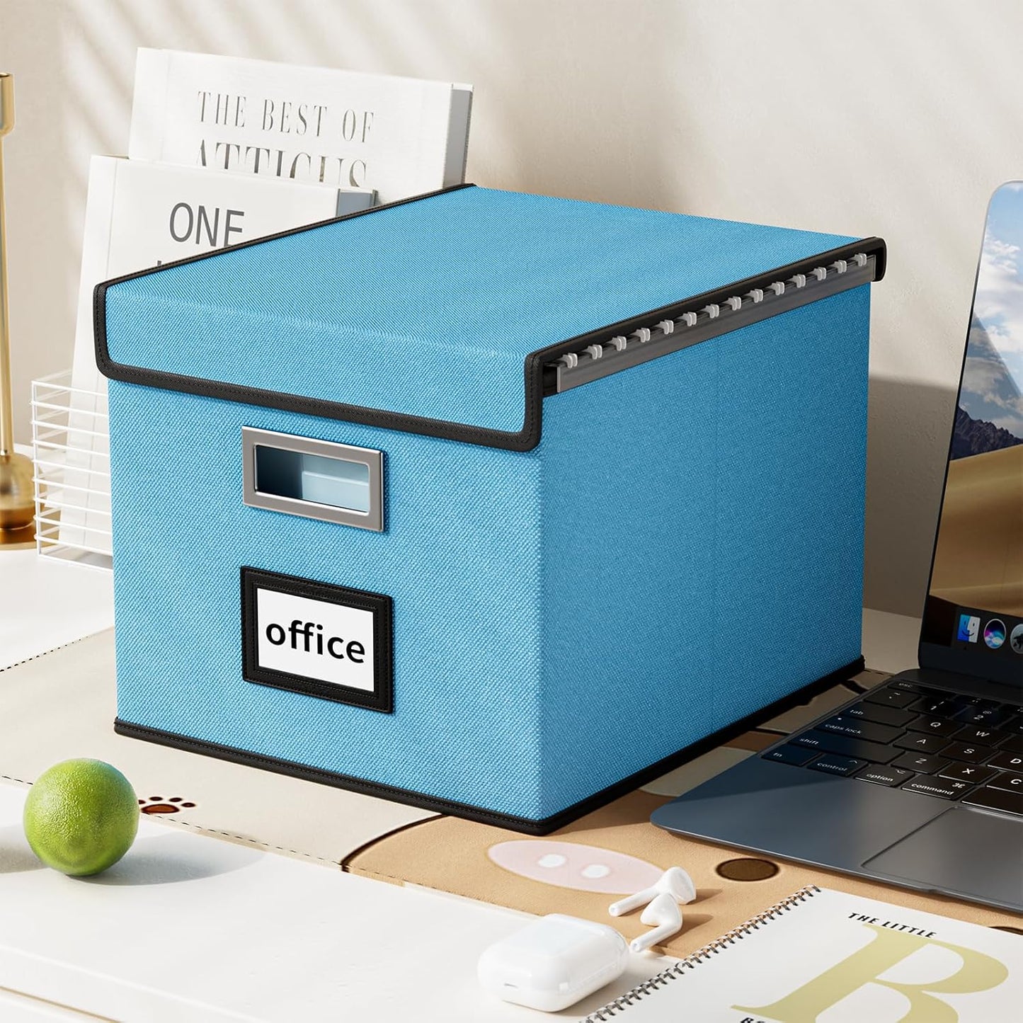 Huolewa Portable File Organizer Box Office Document Storage with Lid, Linen Hanging Filing Storage Boxes, Decorative Home/Office Filing System for File and Folders Storage (Sky-blue)