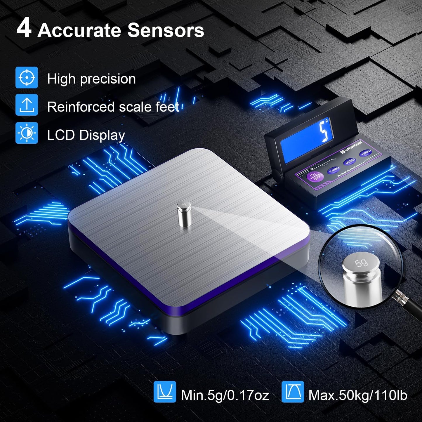 Digital Wireless Shipping Postal Scale 110lbs/0.1oz Accurate,Foldable LCD,Package Scale with Stainless Steel/5 Units/Tare/Hold Function,Postage Scale for Packages,Mail Scale,Black+Purple