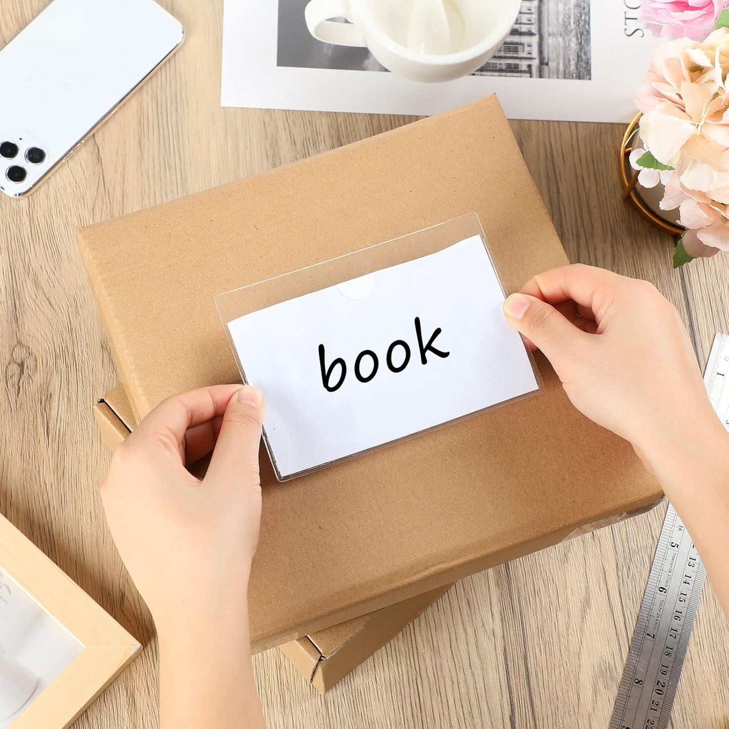 Chinco 50 Pack Clear Adhesive Pockets, Labels for Storage Bins, Plastic Self Adhesive Index Card Holder with Top Open for Organizing Bins Box Drawer(3.7 x 5.3 Inches)