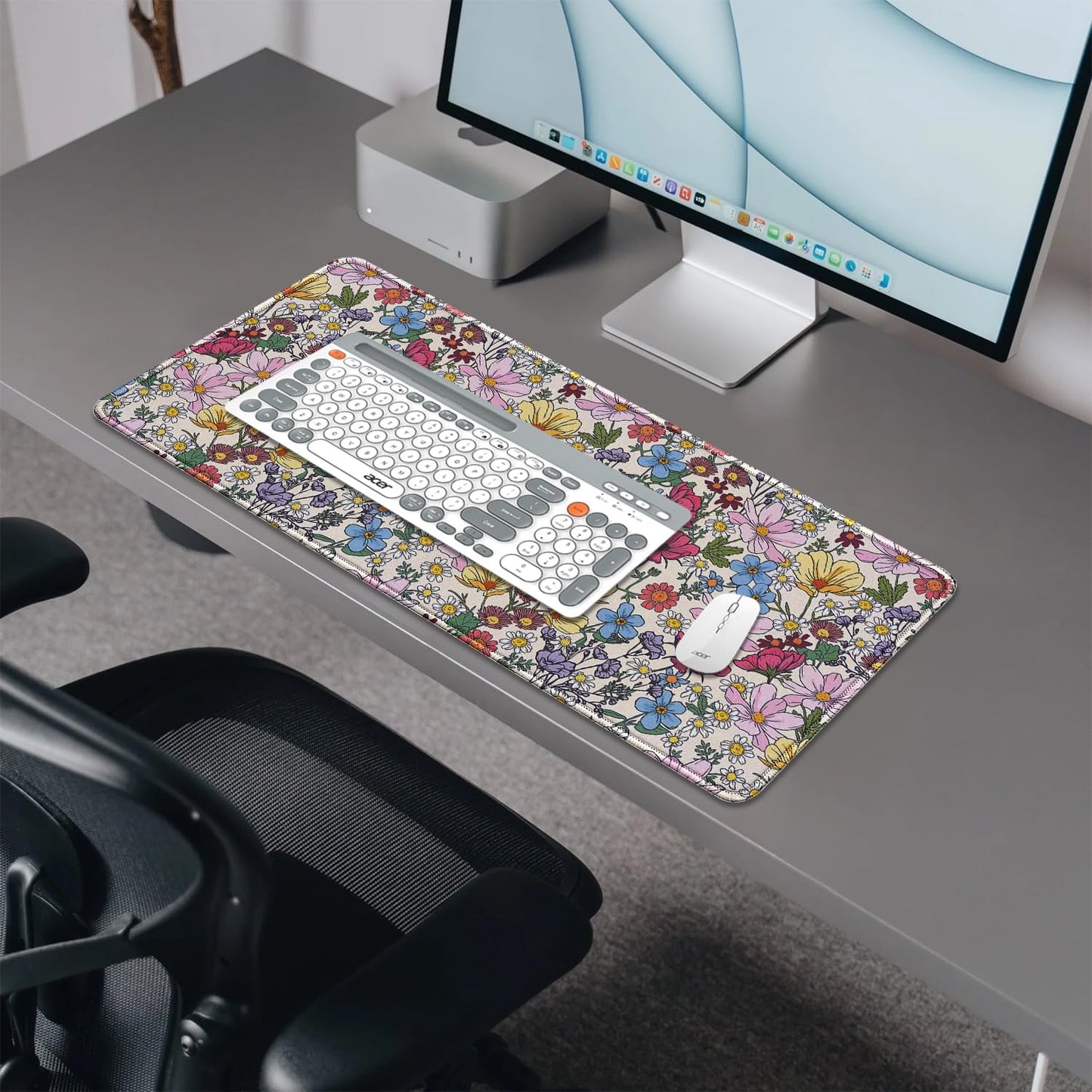 Colorful Flowers Mouse Pad,Large Floral Mousepad Desk Pad with Stitched Edges,Non-Slip Waterproof Rubber Base Mouse Mat for Office Computer Keyboard Laptop Home(27.5x11.8 in)