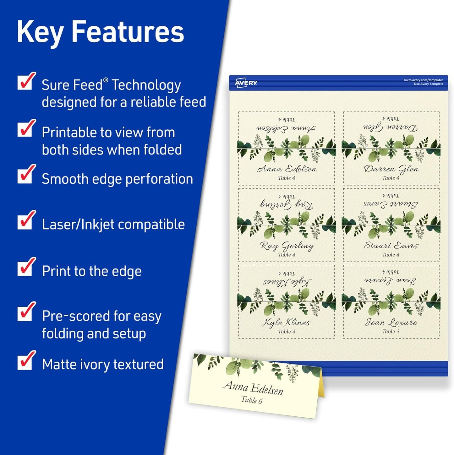 Avery Printable Place Cards with Sure Feed Technology, 1-7/16" x 3-3/4", Textured Ivory, 150 Blank Tent Cards for Laser or Inkjet Printers (5012)