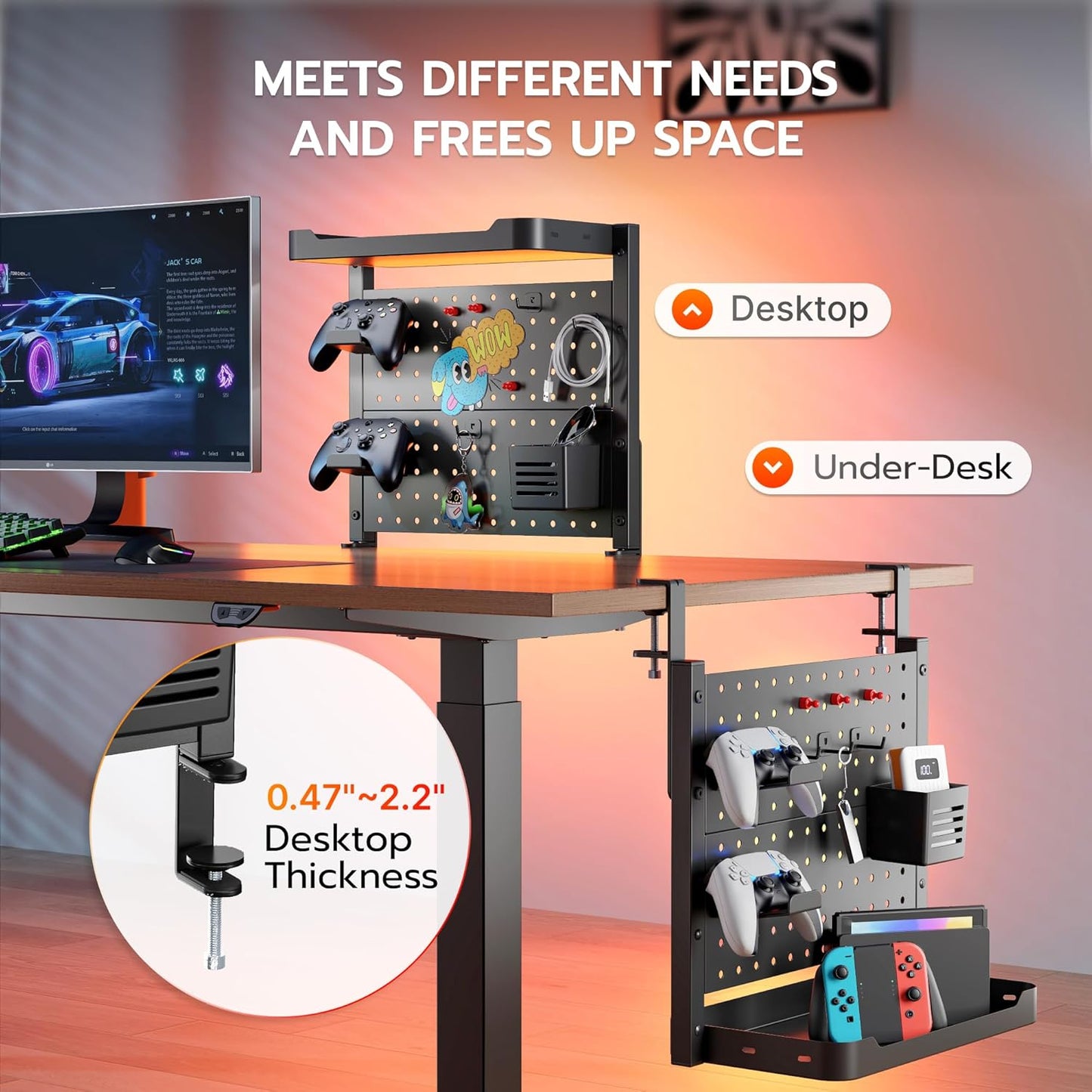 ARES WING Desk Clamp On Pegboard with 16 inches Organizer Shelf, Adjustable Above or Under Desk Storage Shelf Holds 44 lbs, Magnetic Metal Peg Board for Office and Gaming Accessories, Black