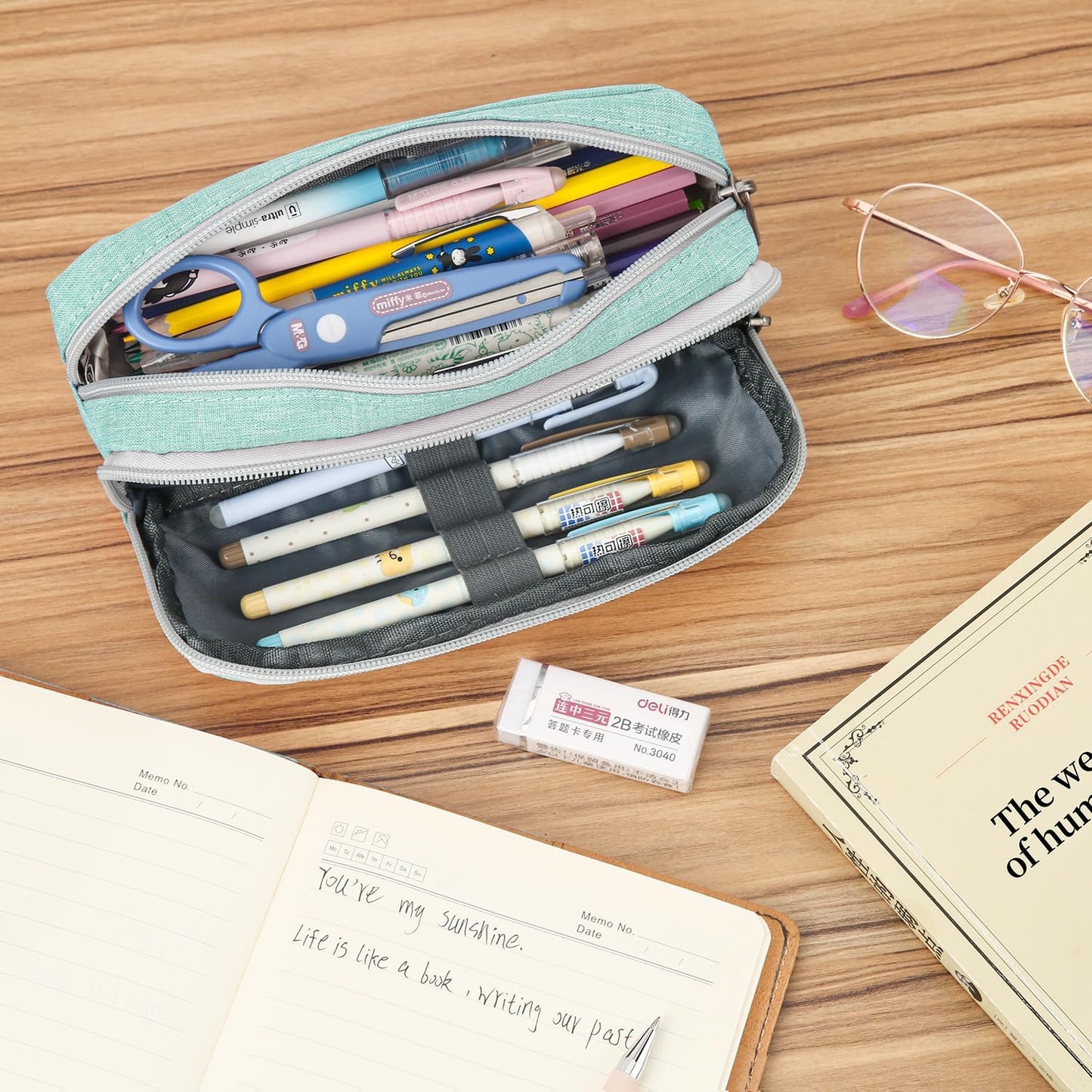 Della Gao Big Capacity Pencil Case, Durable Nylon Pencil Bag Aesthetic Pencil Pouch Travel Simple Stationery Bag Office Organizer Pen Bag for Women and Men - Green