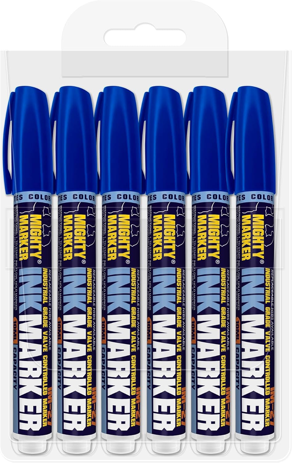 IM-27 Ink Marker, 2.3mm Medium Tip, Alcohol-Based Quick-Dry Permanent Ink, Waterproof, Safe for Most Surfaces, Clip Cap, 6 Bonus Tips, Valve Action, 10ml, 6 Pack (Blue)