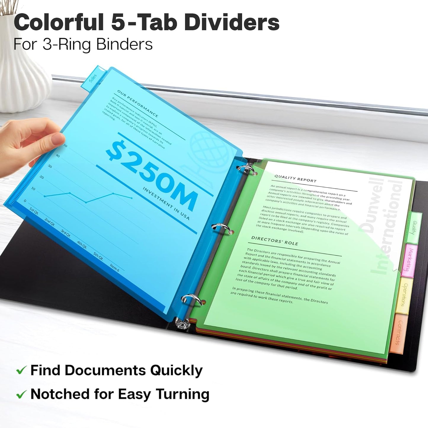 Dunwell 5-Tab Dividers with Pocket for 3-Ring Binders (3 Sets, 15 Count), Plastic One Pocket Dividers with Tabs, Slash File Jackets 3 Hole Punched for 8.5x11 Paper, Poly Pocket Notebook Dividers