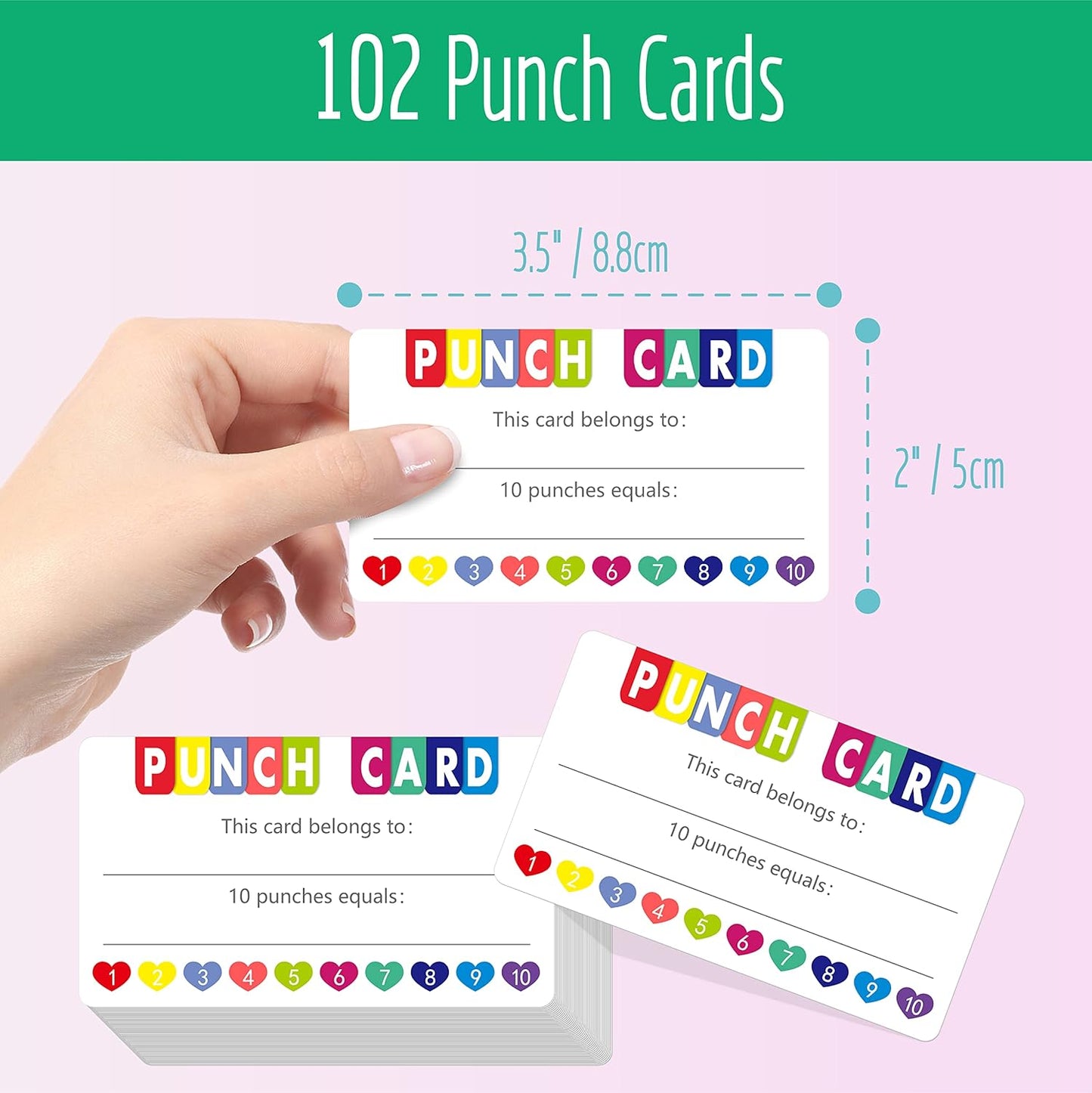 102 PCS Punch Cards, Heart Shaped Incentive Reward Cards Business Size Student Award Cards Boost Creativity & Skills Development for Business, Classroom, Kids Behavior, Students, Teachers, 3.5” x 2”