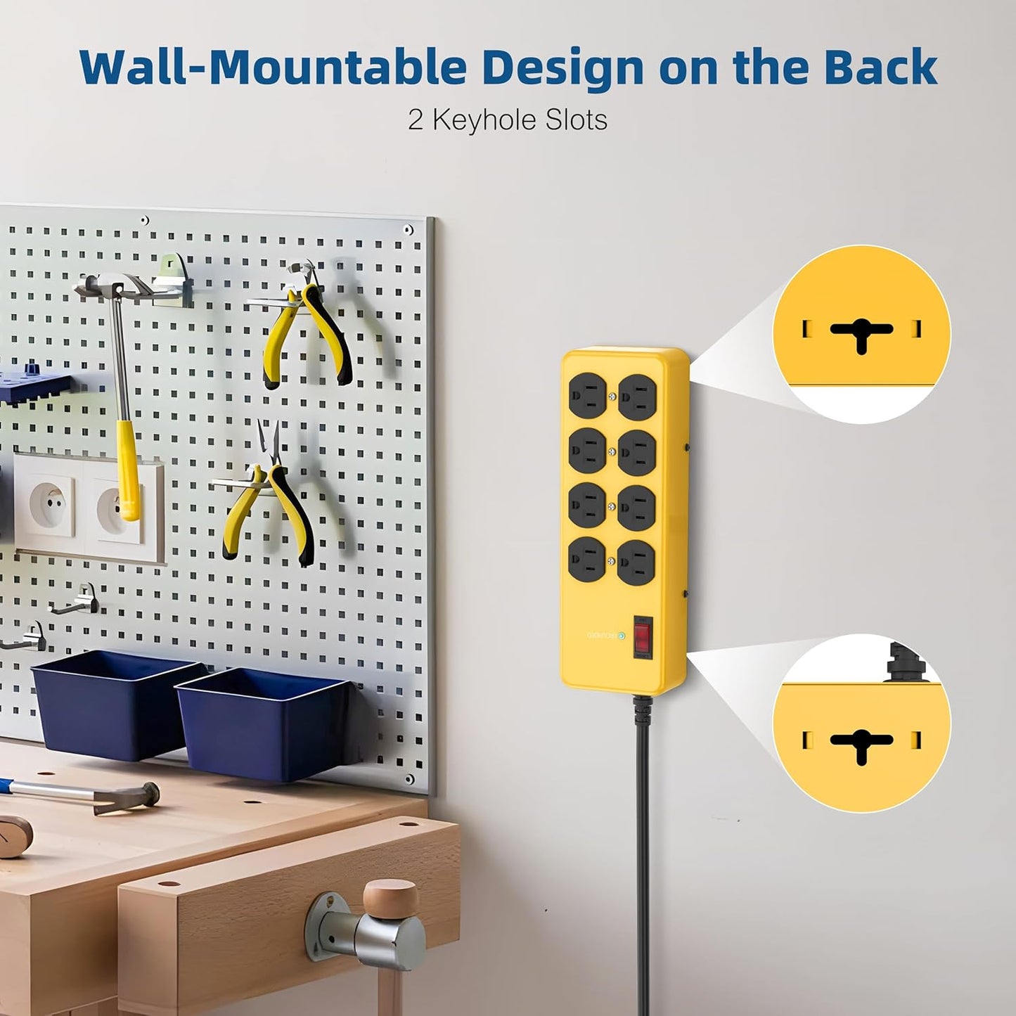 Heavy Duty Power Strip,Industrial Heavy Metal Case Surge Protector,8 AC Outlets,15Amp,2700 Joules,Protected' Indicator,14 Gauge Cord (Yellow, 10FT Length)