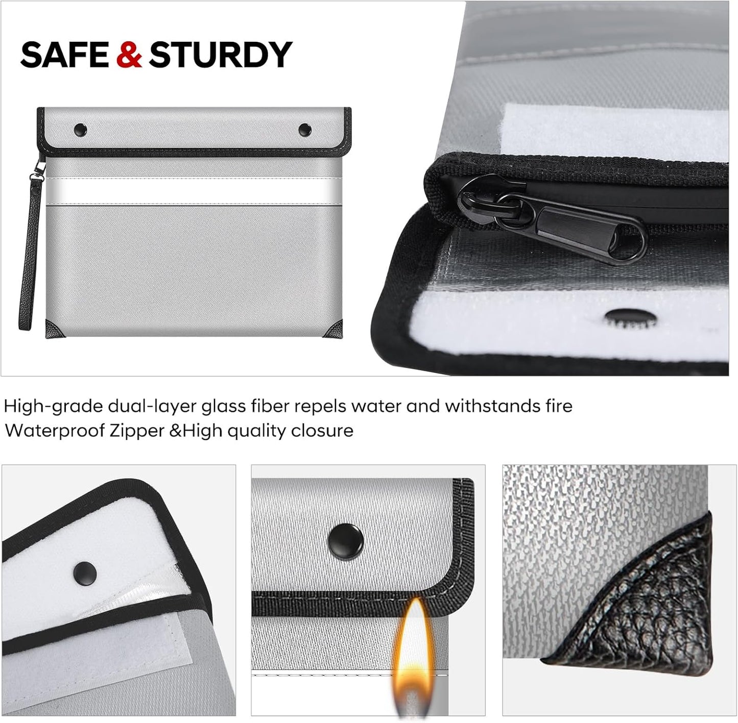 Fire Proof Bag For Documents,5200°F Heat Insulated Fire Proof Pouch with Soft Leather Hand Strap,13.9x10.6 Inch Fireproof Money Bag for Cash/Documents/Valuables(Silvery)
