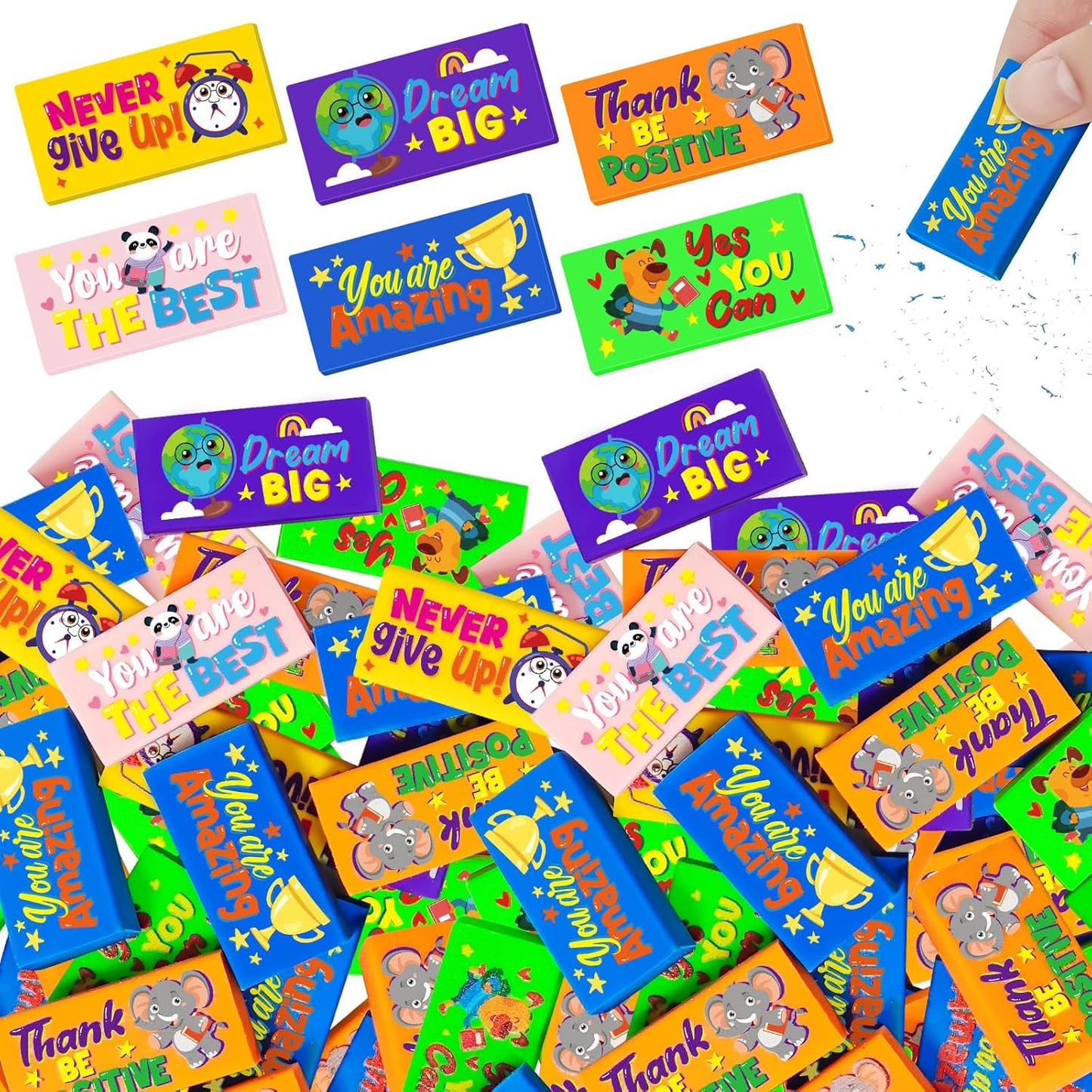Cinrobiye 100 PCS Inspirational Pencil Erasers Bulk Motivational Cute Eraser Back to School Favor Goody Bag Filler Gifts for Students Classroom Office Teacher Prizes Reward School Supplies (Cute100)